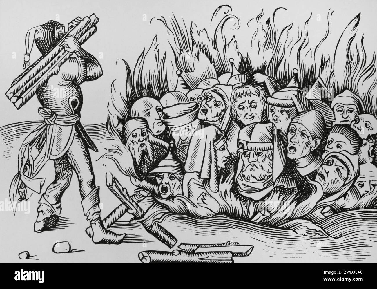 Les Juifs de Cologne brûlèrent vifs dans la nuit du 23-24 août 1349. Fac-similé d'une gravure dans 'Liber Chronicarum Mundi'. Nuremberg, 1493. « Moeurs, usages et costumes au moyen-âge et à l'époque de la Renaissance », par Paul Lacroix. Paris, 1878. Banque D'Images