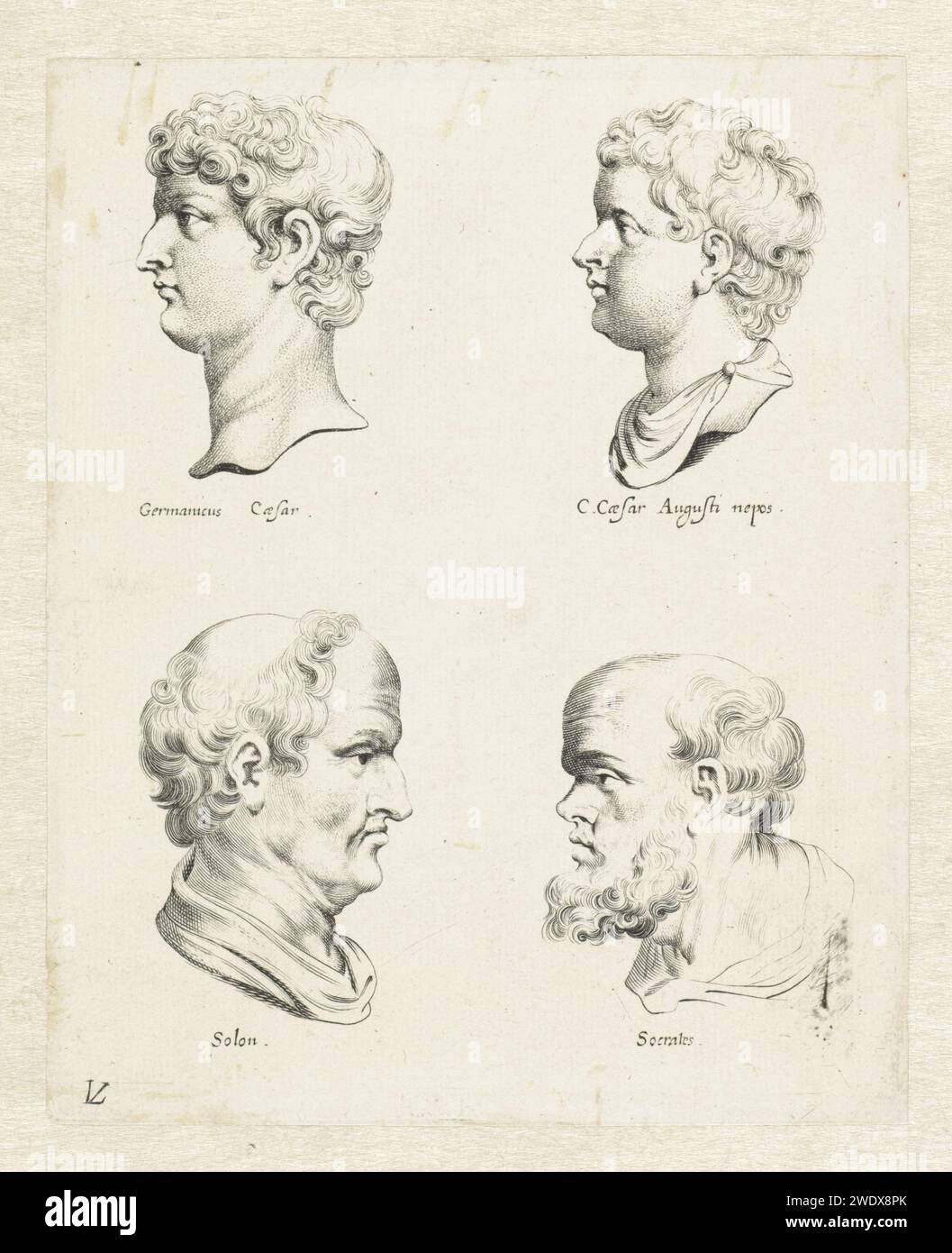 Quatre bustes antiques, Lucas Vorsterman (I), d'après Peter Paul Rubens, 1635 - 1640 imprimer quatre bustes antiques de profil: en haut à gauche du général romain Germanicus, en haut à droite Keizer Auguste, en bas à gauche de l'homme d'État grec Solon et en bas à droite du philosophe Socrate. Tirage de la série 'varie Figueri de Agati Antique' à Pierre Paul Rubens, sur un total de neuf tirages dont probablement cinq de Lucas Vorsterman I et quatre de Paulus Ponce. Gravure sur papier Anvers Banque D'Images