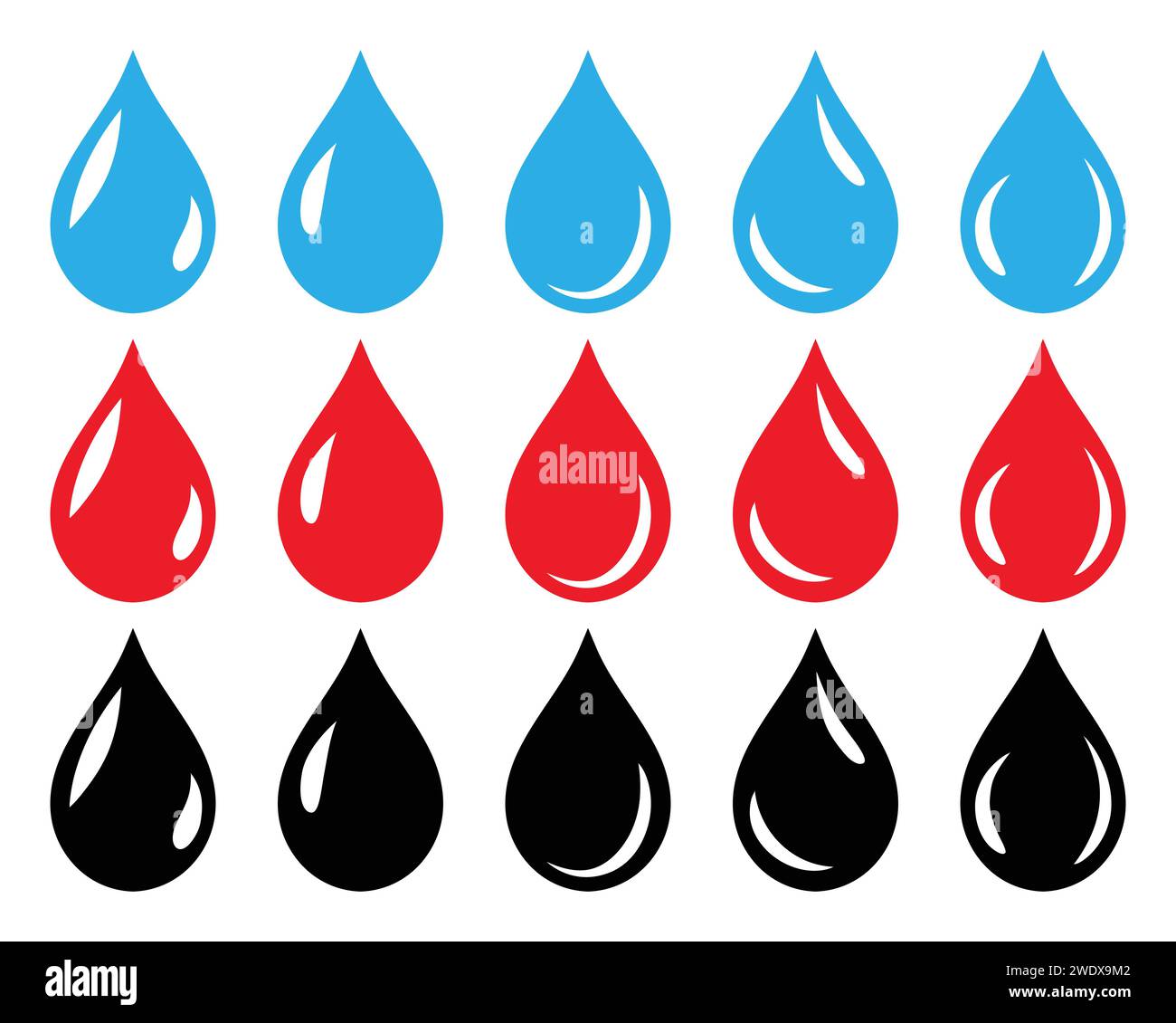 Icône représentant des gouttes d'eau, de sang et d'huile en bleu, rouge et noir. Ensemble d'icône de goutte d'eau brillante, de sang et d'huile isolé sur fond blanc. Illustration de Vecteur