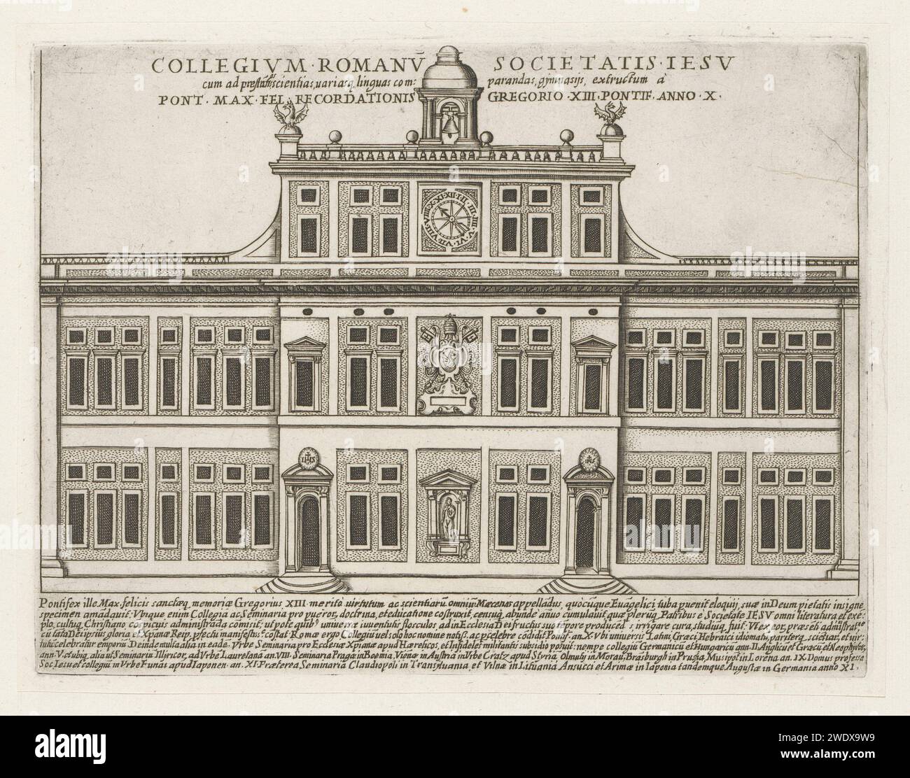 Façade van het College Romano te Rome, Giacomo Lauro, d'après Bartolomeo Ammannati, 1638 print texte en latin in STUDMARGE. L'impression fait partie d'un album. Imprimeur : Italyafter design by : Romepublisher : RomeVaticaanstad paper washing Palace. Façade (de maison ou de bâtiment) Collège romain Banque D'Images