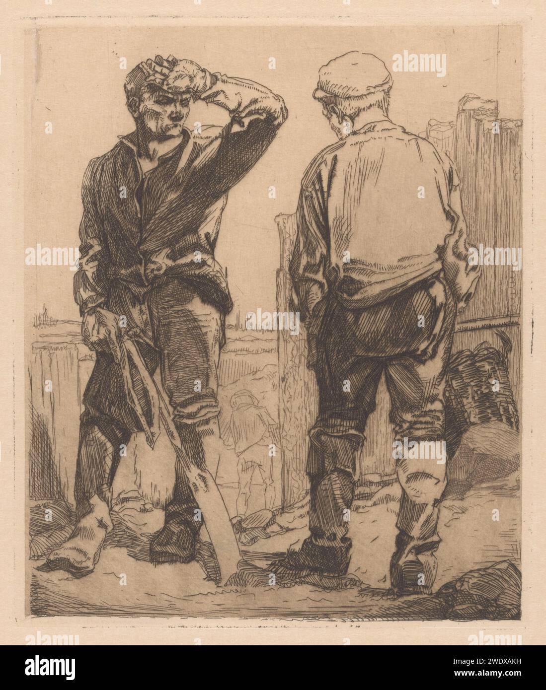 Deux ouvriers, Johannes Josephus Aarts, 1881 - 1934 impriment deux ouvriers, l'un de devant, l'autre de derrière. Le premier porte un outil agricole à la main. Papier japonais (papier fait main) gravure de la classe ouvrière, ouvriers Banque D'Images