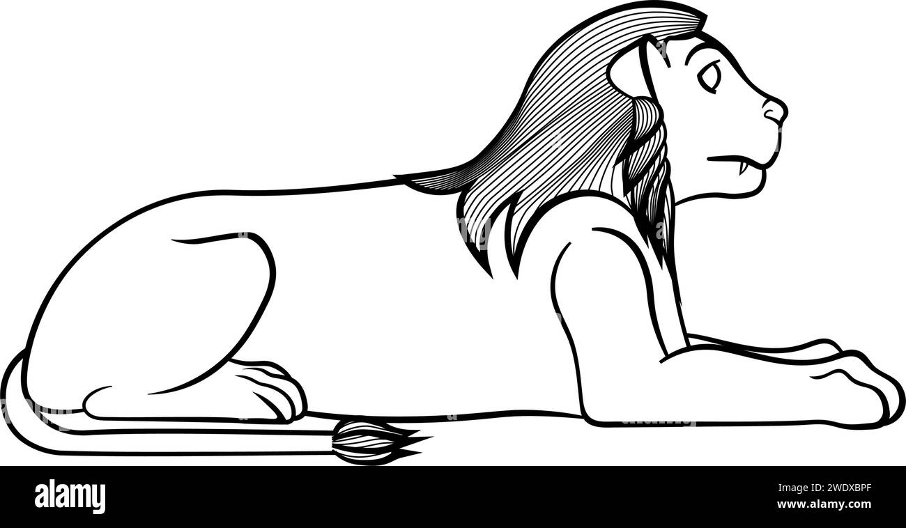 Illustration en noir et blanc d'un lion stylisé couché, dessiné dans un style caricatural Illustration de Vecteur