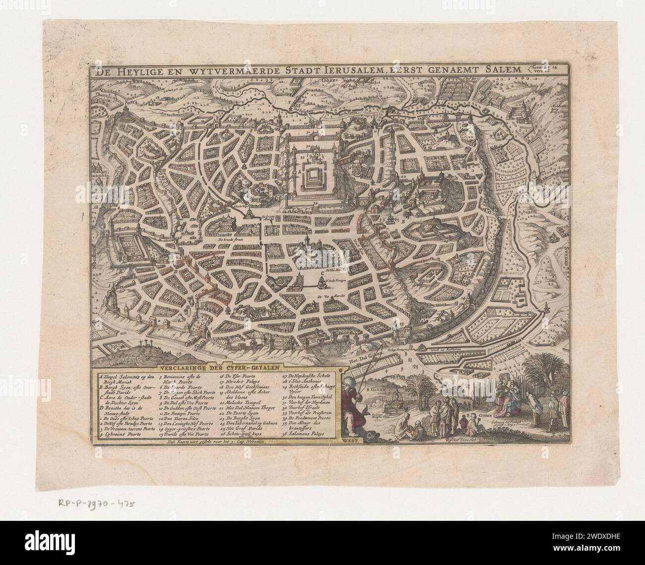 Vue de vol d'oiseau de Jérusalem, 1643, Claes Jansz. Visscher (II), 1643 estampes vue imaginaire de vol d'oiseau de la ville de Jérusalem. En bas à gauche un cartouche avec des indications de nom. En bas à droite, le couronnement de Salomon est représenté. Amsterdam papier gravure cartes des villes Jérusalem Banque D'Images