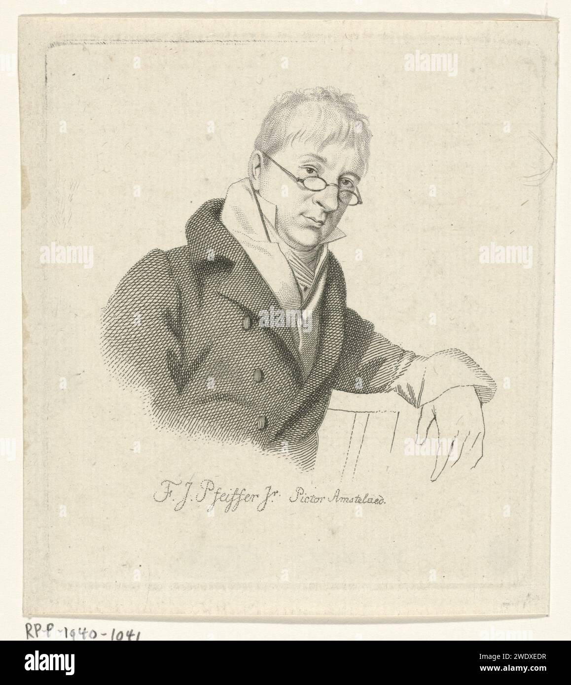 Portret van Francois Joseph Pfeiffer 2, Jacob Ernst Mark, d'après Hendrik Willem Caspari, buste imprimé 1815 de l'artiste François Joseph Pfeiffer (II) appuyé sur le dossier d'une chaise. Amsterdam gravure de papier personnages historiques Banque D'Images