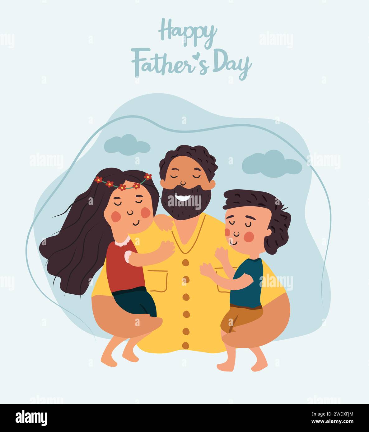 Joyeuse photo de la fête des pères, un père joyeux embrasse et prend soin de ses enfants. Le concept d'amour parental, de soins, d'éducation des enfants. Idéal pour une carte postale, affiche. Vecteur. Illustration de Vecteur