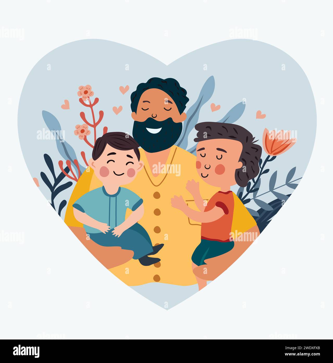 Joyeuse photo de la fête des pères, un père joyeux embrasse et prend soin de ses enfants. Le concept d'amour parental, de soins, d'éducation des enfants. Idéal pour une carte postale, affiche. Vecteur. Illustration de Vecteur