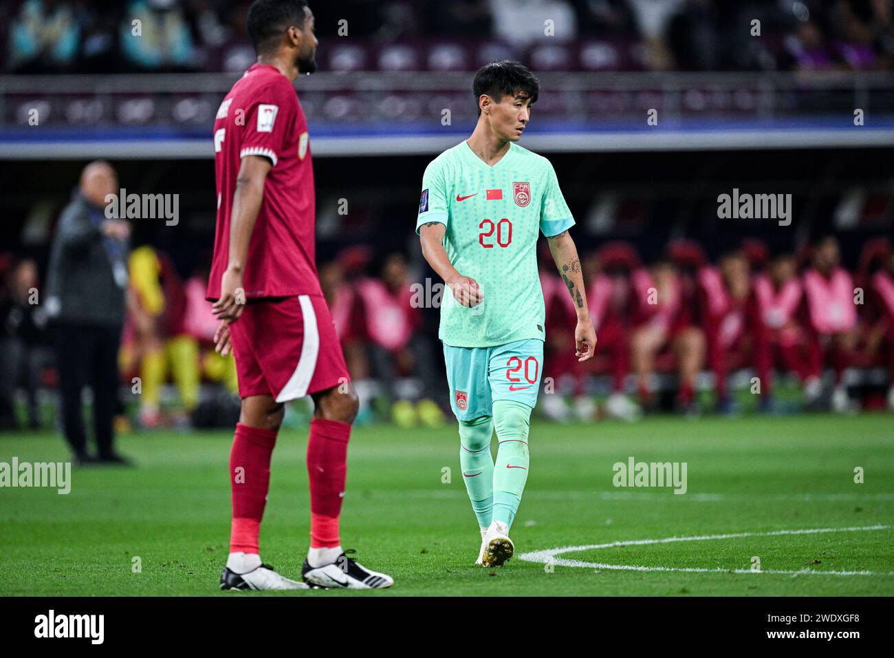 Doha, Qatar, 22 janvier 2024, AFC Asian Cup Qatar 2023 Groupe A - Chine 0:1 Qatar, avec un but de Hasaan Al Heidos assisté d'Akram Afif, Qatar a battu la Chine par la plus étroite des marges pour décrocher la première place dans le Groupe A, la Chine éliminée. Crédit : Runbang Zhu/Alamy Live News Banque D'Images