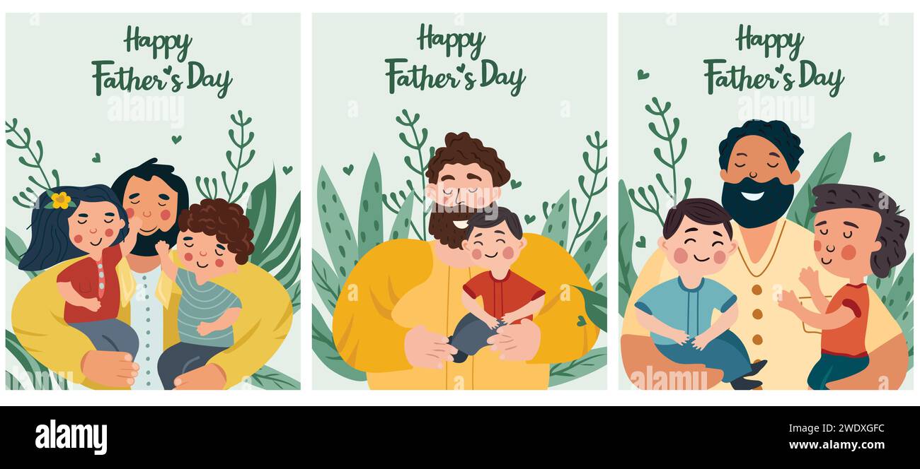 Une série d'images sur le thème de la fête des Pères mettant en valeur les pères qui entretiennent des liens et des aventures avec leurs enfants. Ces illustrations capturent l'essence de l'amour paternel. Illustration vectorielle. Illustration de Vecteur