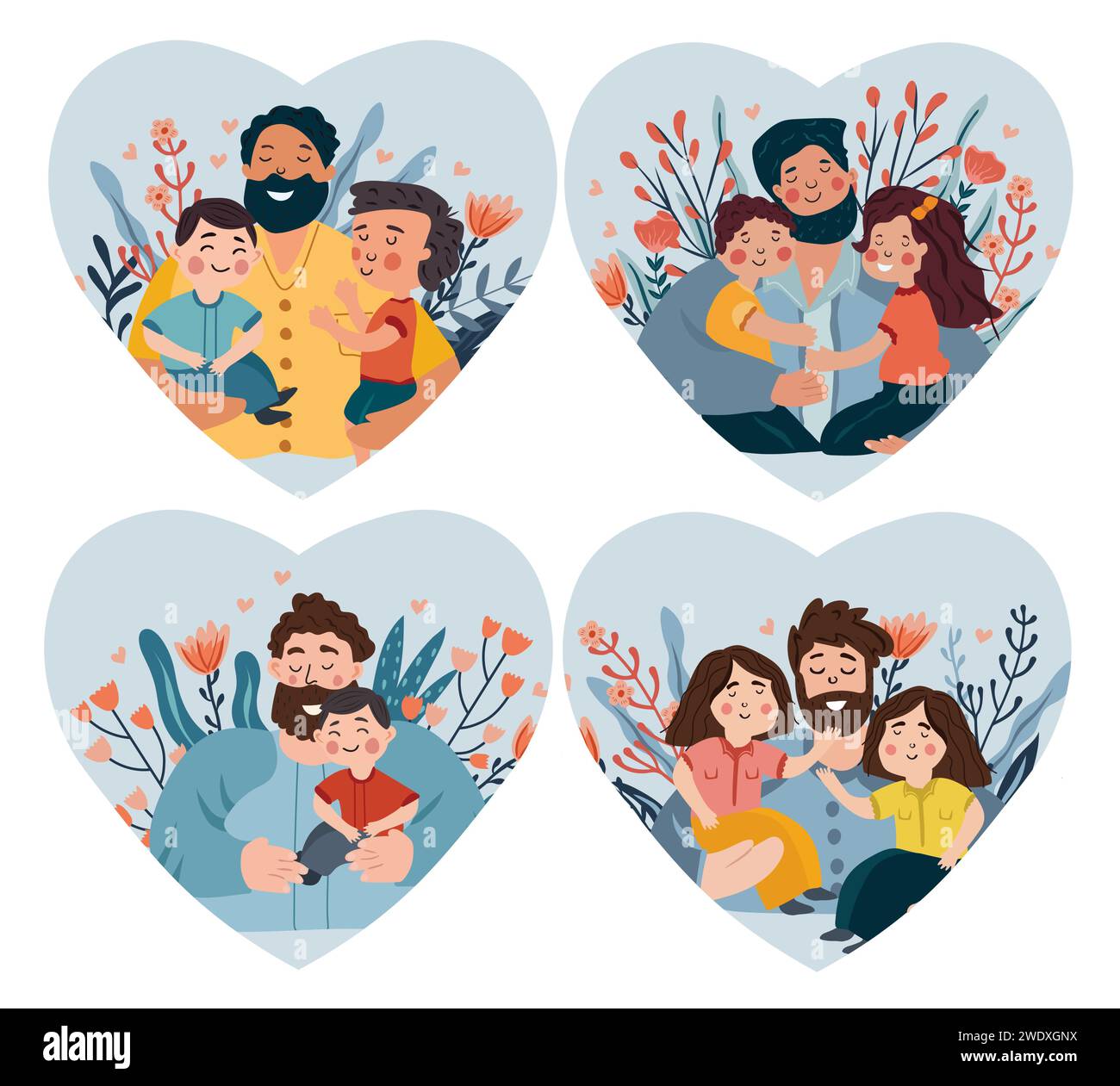 Une série d'images sur le thème de la fête des Pères mettant en valeur les pères qui entretiennent des liens et des aventures avec leurs enfants. Ces illustrations capturent l'essence de l'amour paternel. Illustration vectorielle. Illustration de Vecteur