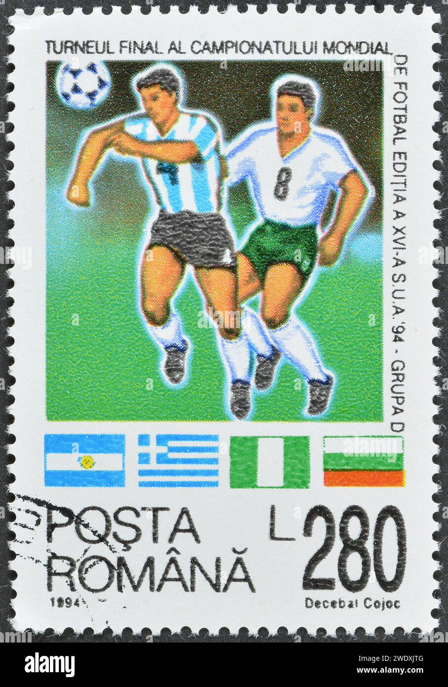 Timbre-poste annulé imprimé par la Roumanie, qui montre le Groupe D et promeut le football, coupe du monde - USA, circa 1994. Banque D'Images
