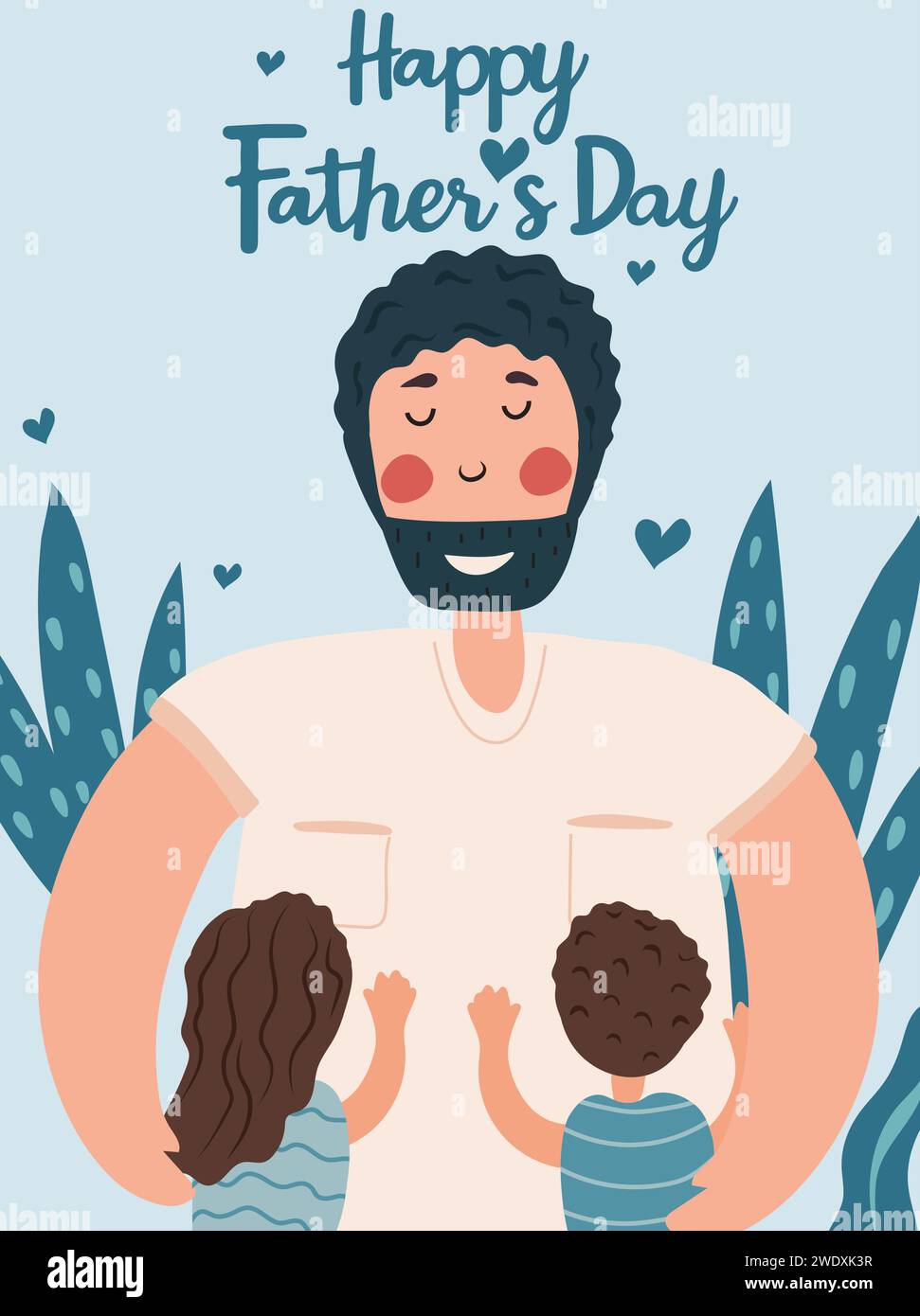 Joyeuse photo de la fête des pères, un père joyeux embrasse et prend soin de ses enfants. Le concept d'amour parental, de soins, d'éducation des enfants. Idéal pour une carte postale, affiche. Vecteur. Illustration de Vecteur