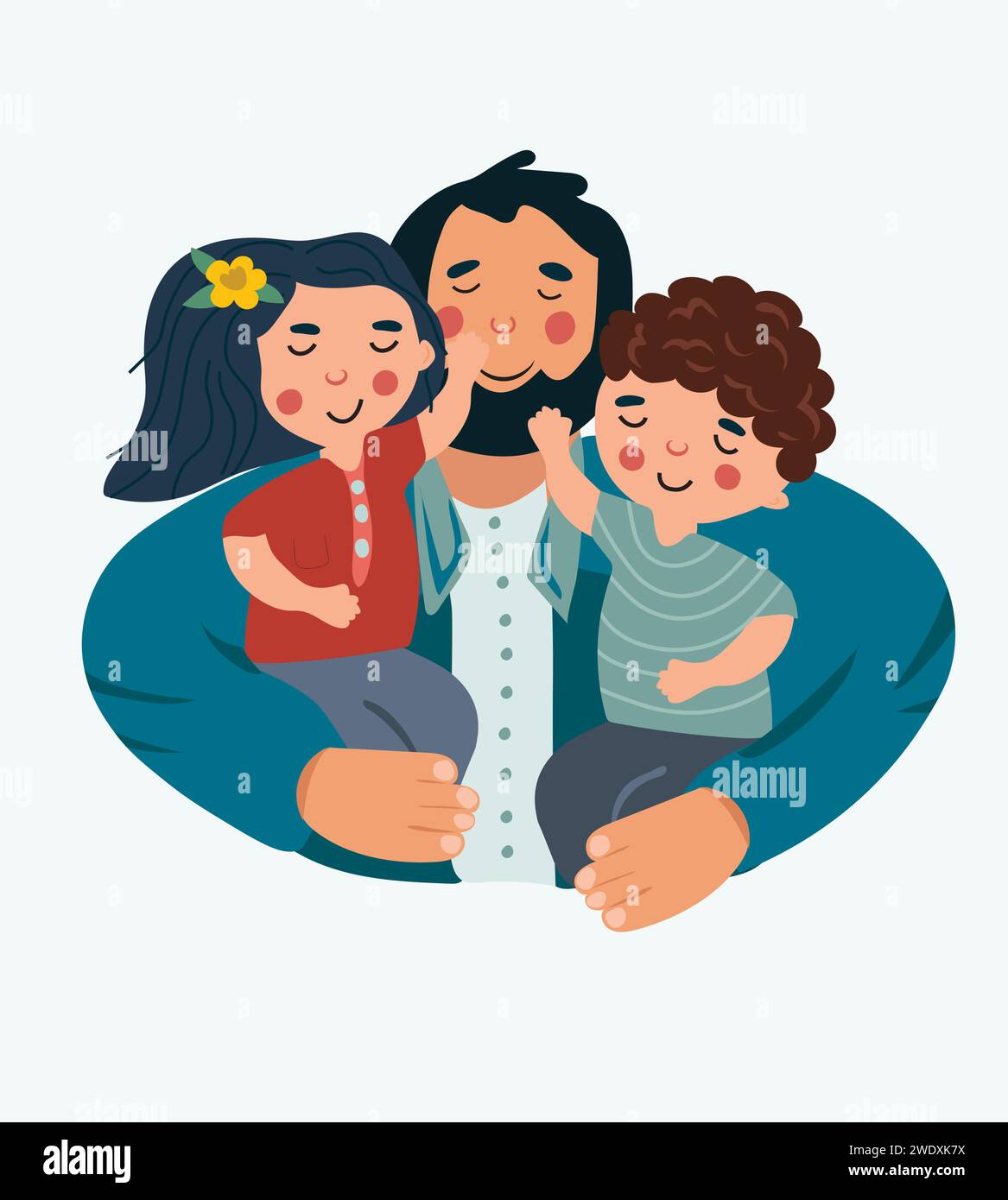 Joyeuse photo de la fête des pères, un père joyeux embrasse et prend soin de ses enfants. Le concept d'amour parental, de soins, d'éducation des enfants. Idéal pour une carte postale, affiche. Vecteur. Illustration de Vecteur