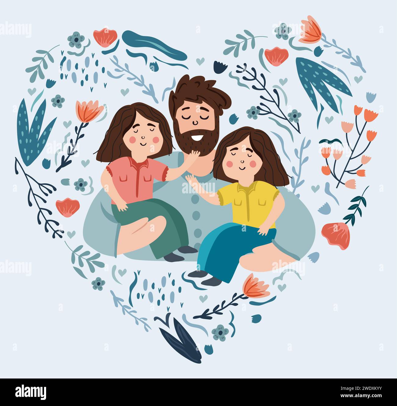 Joyeuse photo de la fête des pères, un père joyeux embrasse et prend soin de ses enfants. Le concept d'amour parental, de soins, d'éducation des enfants. Idéal pour une carte postale, affiche. Vecteur. Illustration de Vecteur
