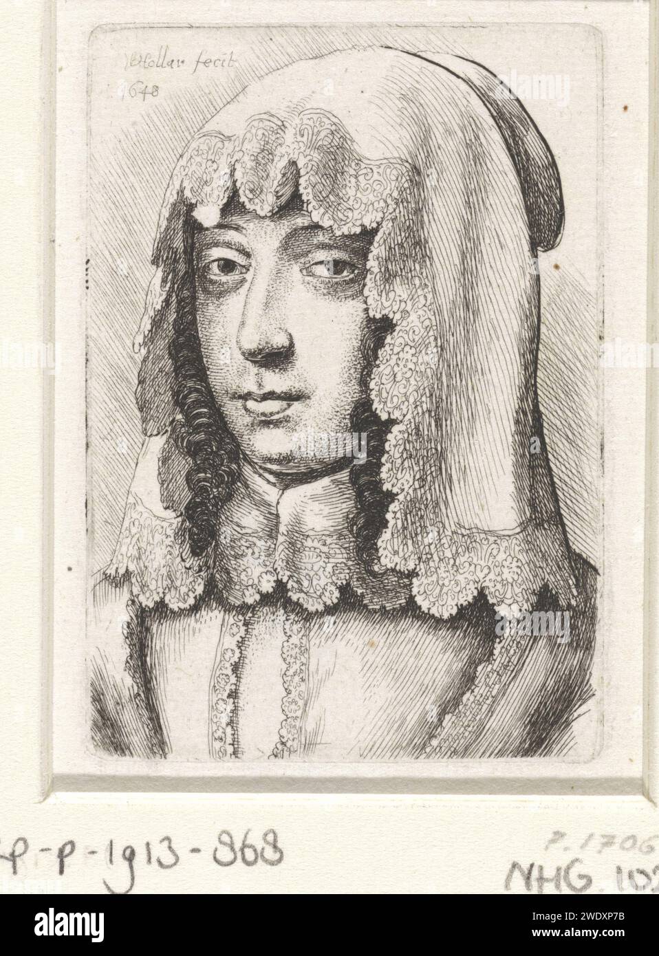 Portrait d'une femme avec foulard en dentelle, Wenceslaus Hollar, 1648 imprimer Anvers papier gravure anonyme personne historique représenté seul - BB - femme. Head-Gear (avec NOM). dentelle Banque D'Images