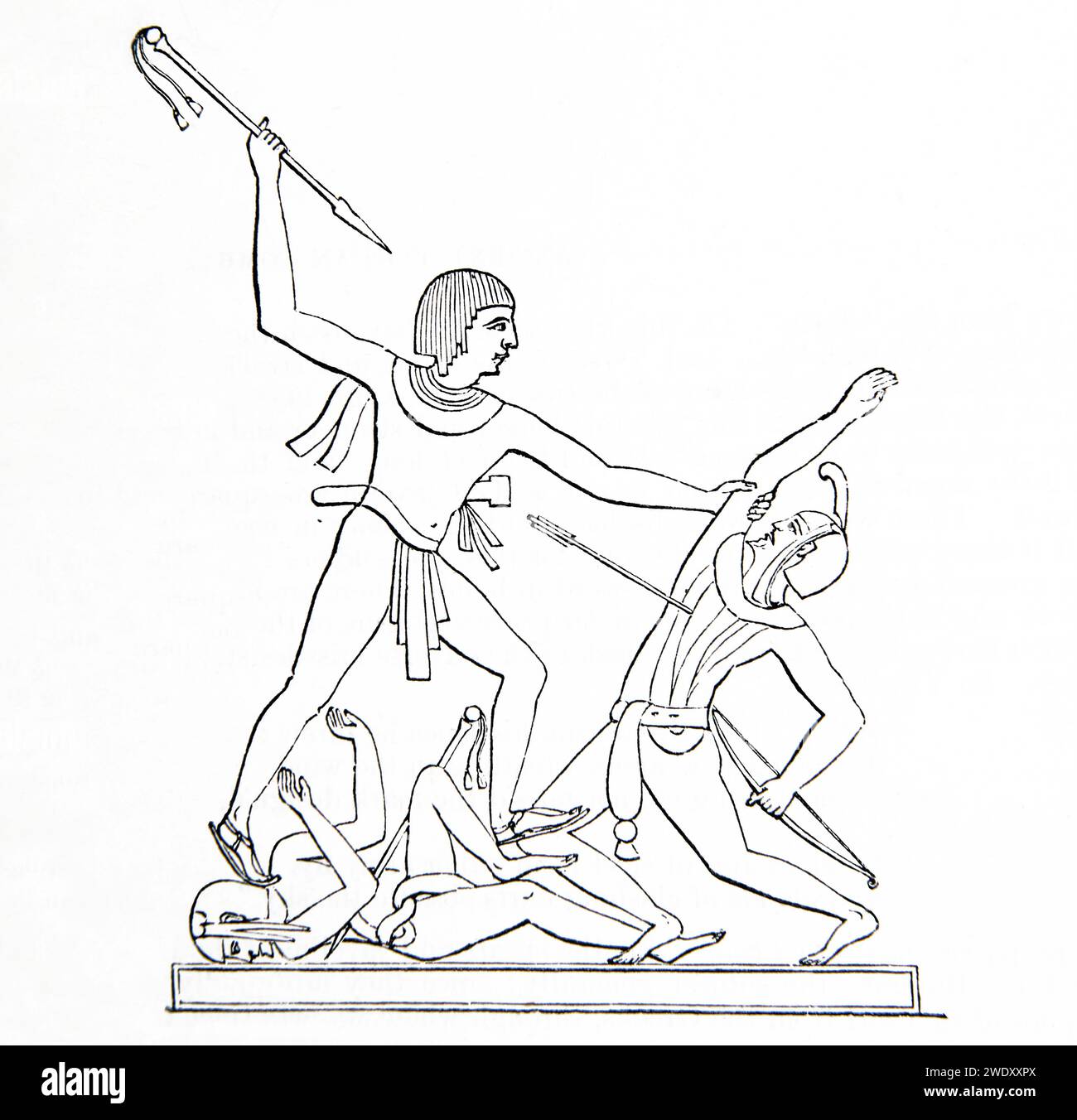 Gravure sur bois de la Bible de famille illustrée - guerriers égyptiens dans la bataille des murs d'un palais à Thèbes en Égypte Banque D'Images