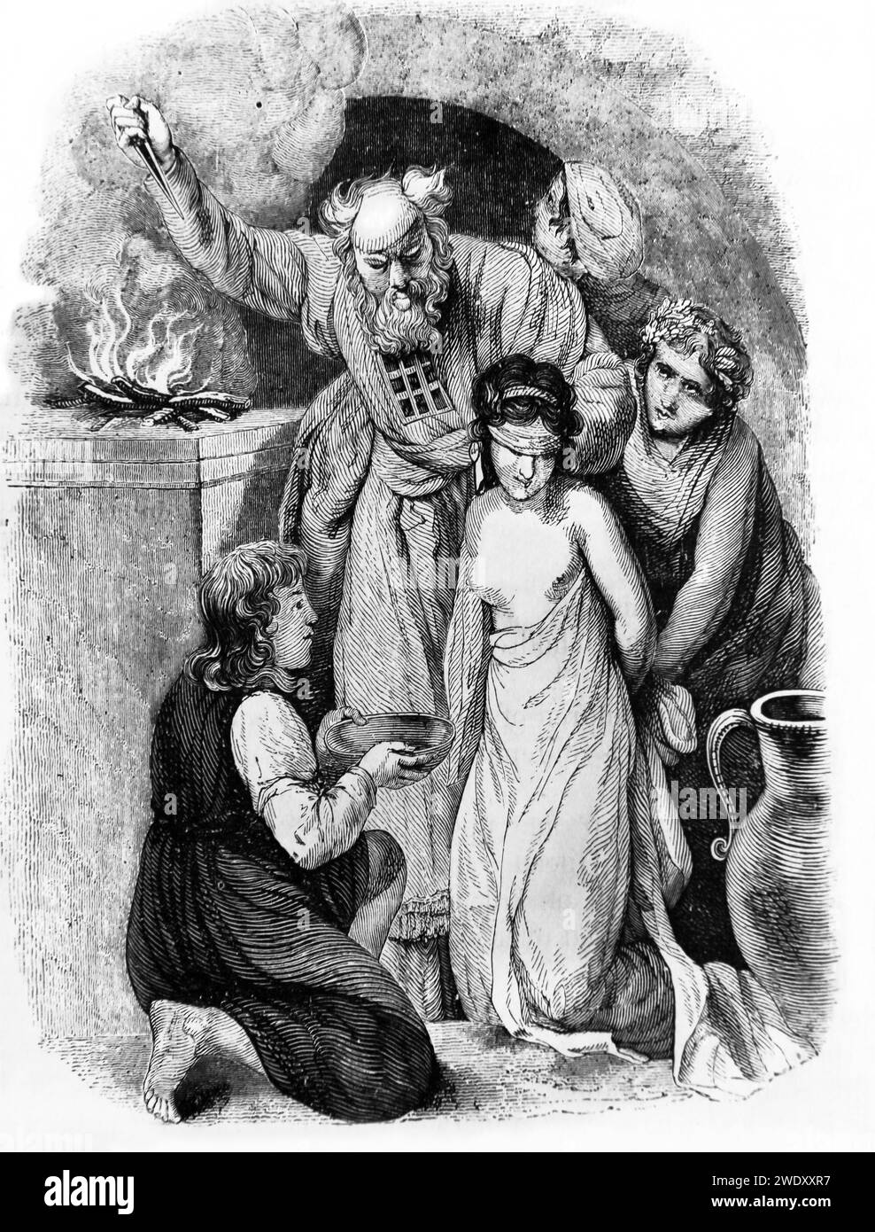 Sacrifice de la fille de Jephtah par John Opie dans la Bible illustrée de la famille - après avoir conduit les Israélites dans la bataille contre l'Ammon et la défataine Banque D'Images