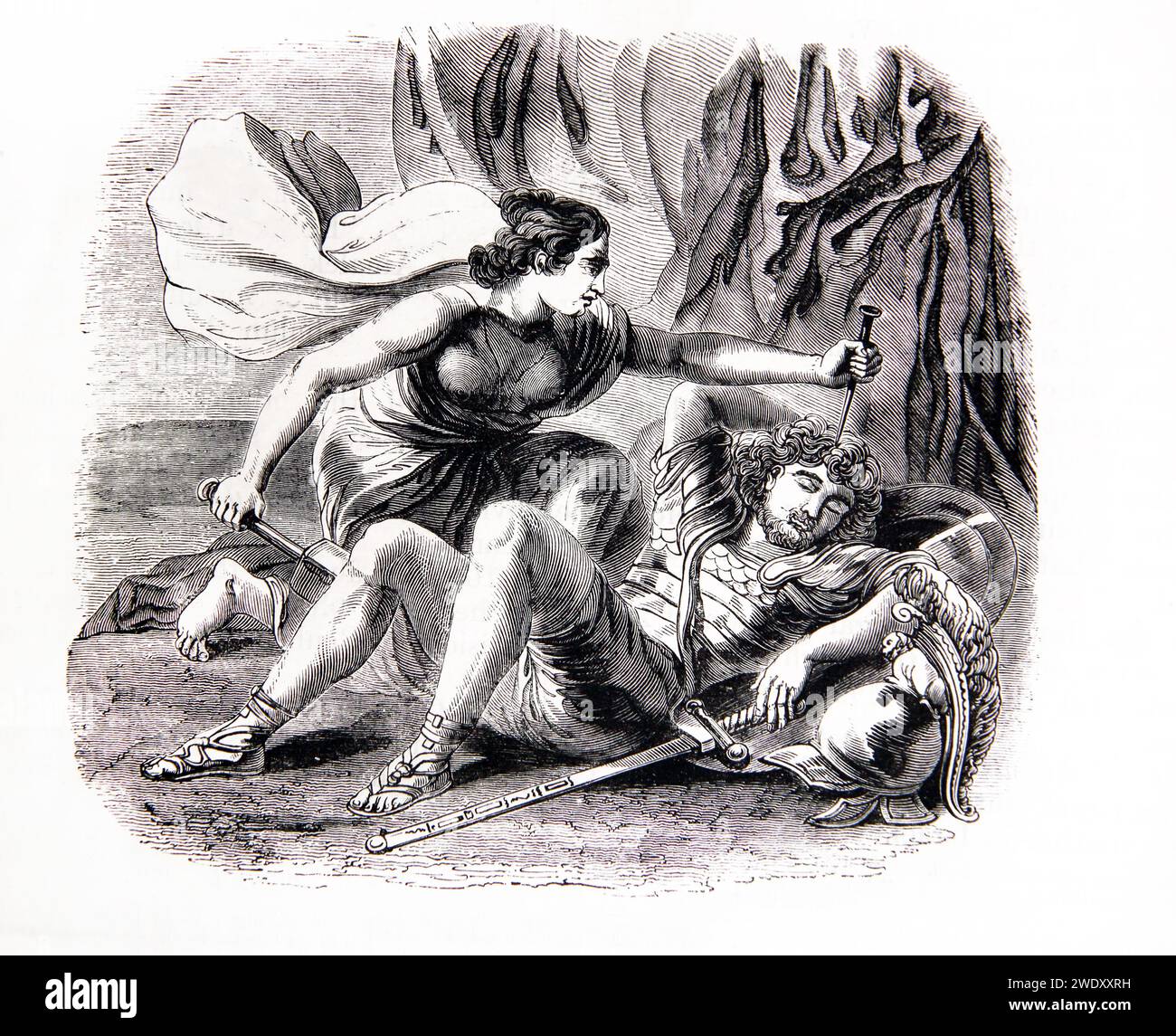 Illustration de Jael Killeth Sisera (juges IV.21) - Jael tue Sisera le commandant de l'armée du roi Jabin avec Une cheville de tente à travers son crâne elle délivre l'armée des Israélites de l'armée du roi Jabin Banque D'Images