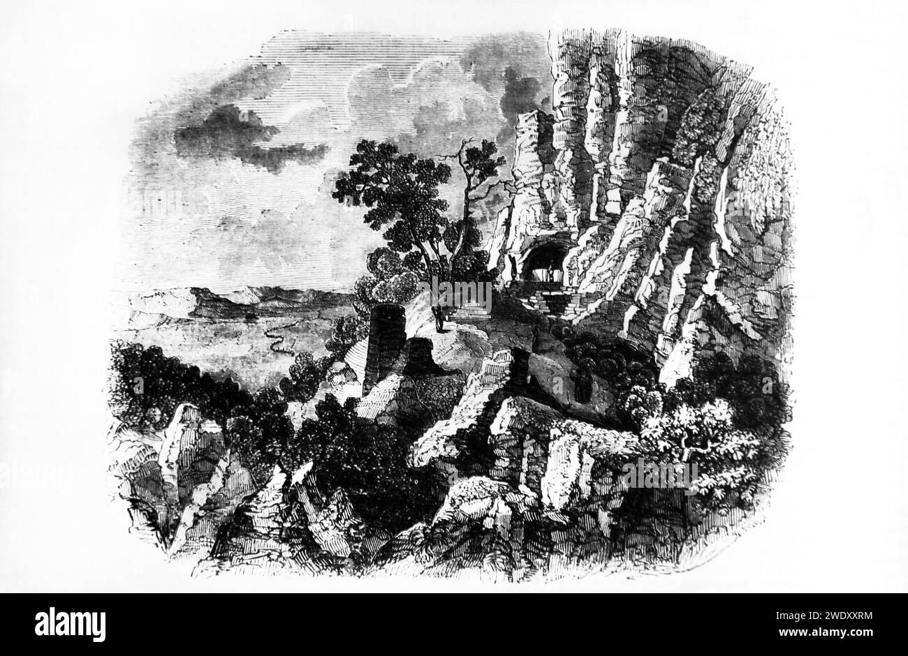 Illustration des montagnes de Judée dans la Bible de famille illustrée - les Israélites ont construit des abris et des bastions dans les fentes de montagne et les grottes Banque D'Images