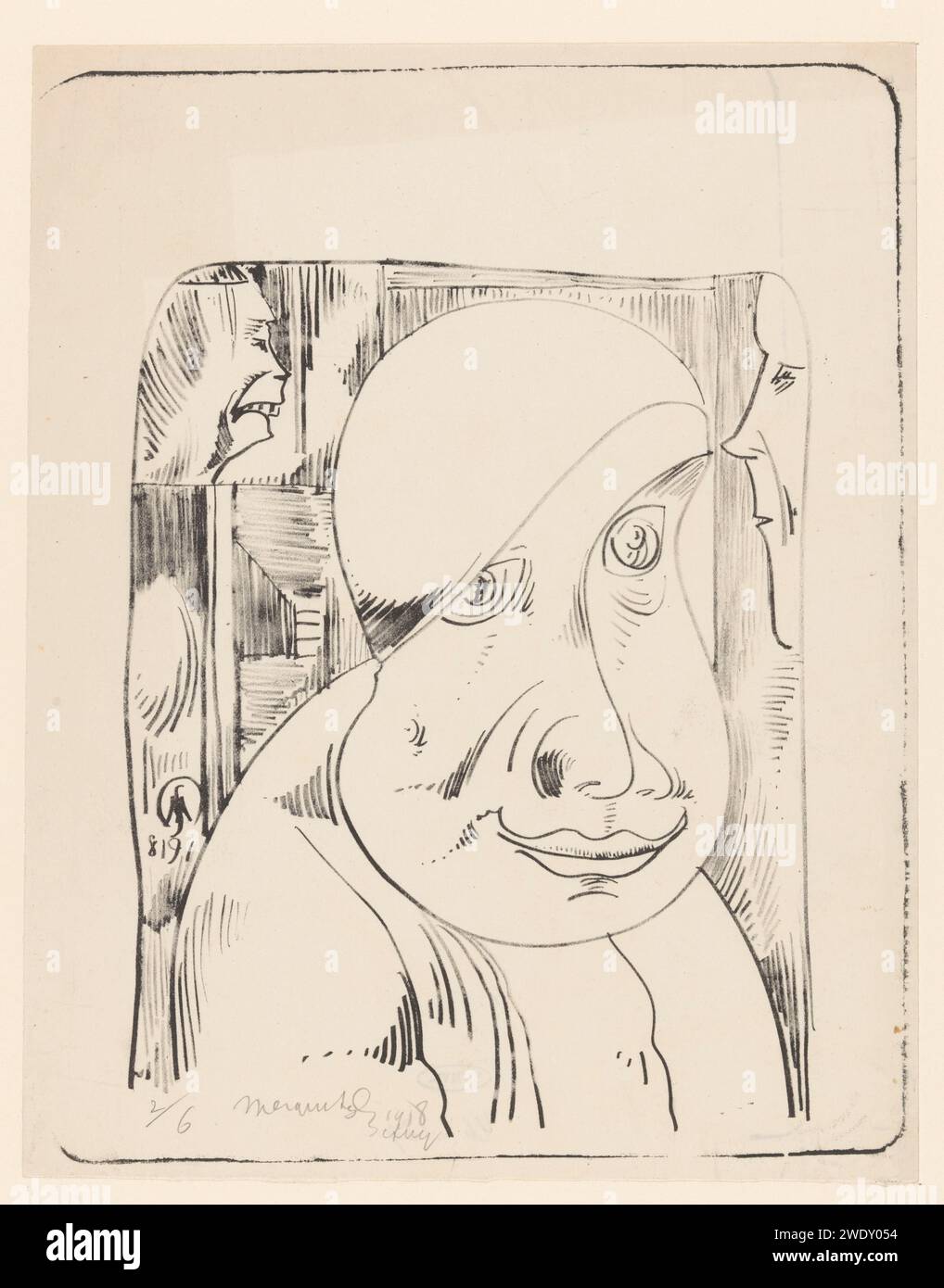 Fantaisie : tête d'homme avec chapeau tordu, moitié au-dessus de l'œil droit, Samuel Jessurun de Mesquita, 1918 print tête d'homme avec chapeau tordu, moitié au-dessus de l'œil droit. papier Banque D'Images