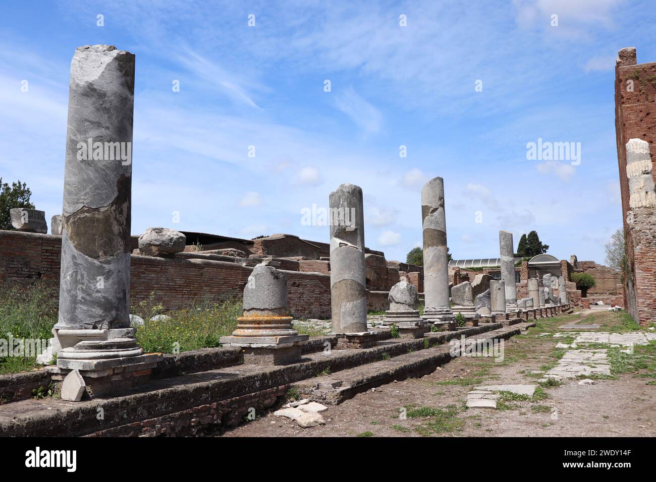 Anciennes colonnes romaines et fleurs Banque D'Images