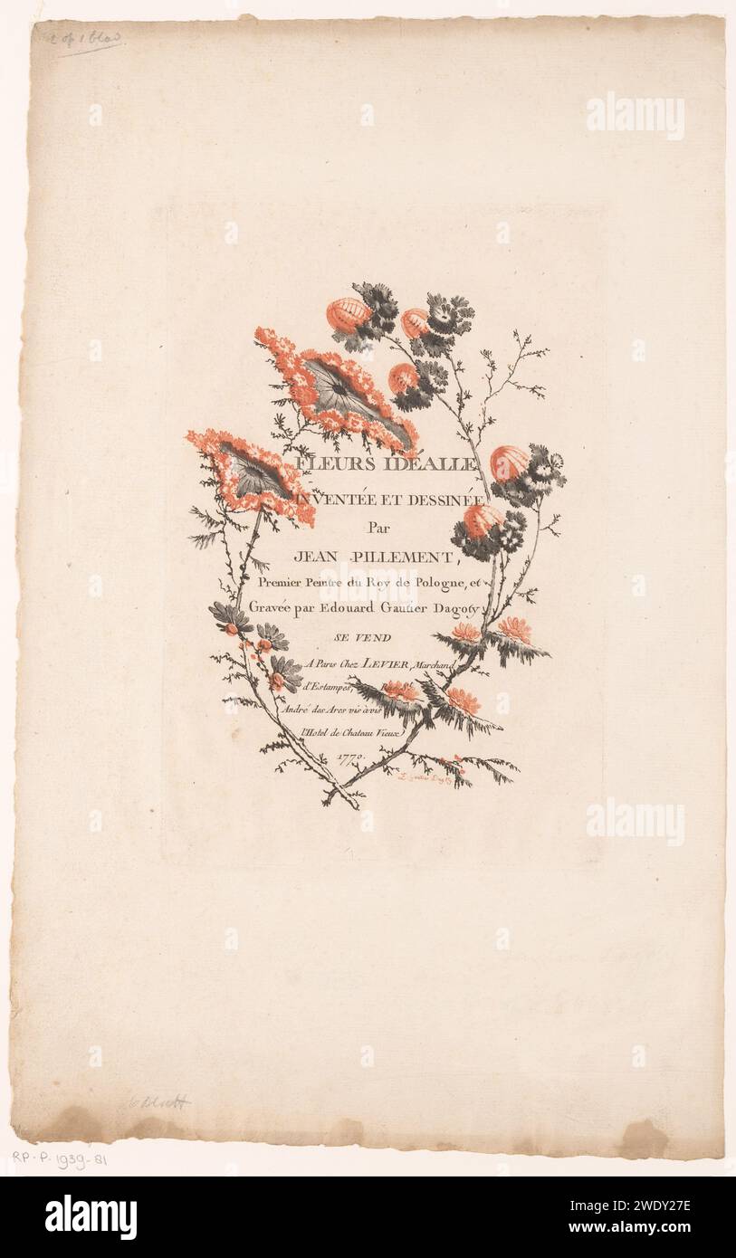 Fleurs plates et boutons, Edouard Gautier d'Agoty, d'après Jean Baptiste pillement, 1770 impriment Un cadre de fleurs triangulaires plates et boutons autour du titre de la série. Paris papier gravure de fleurs fabuleuses Banque D'Images