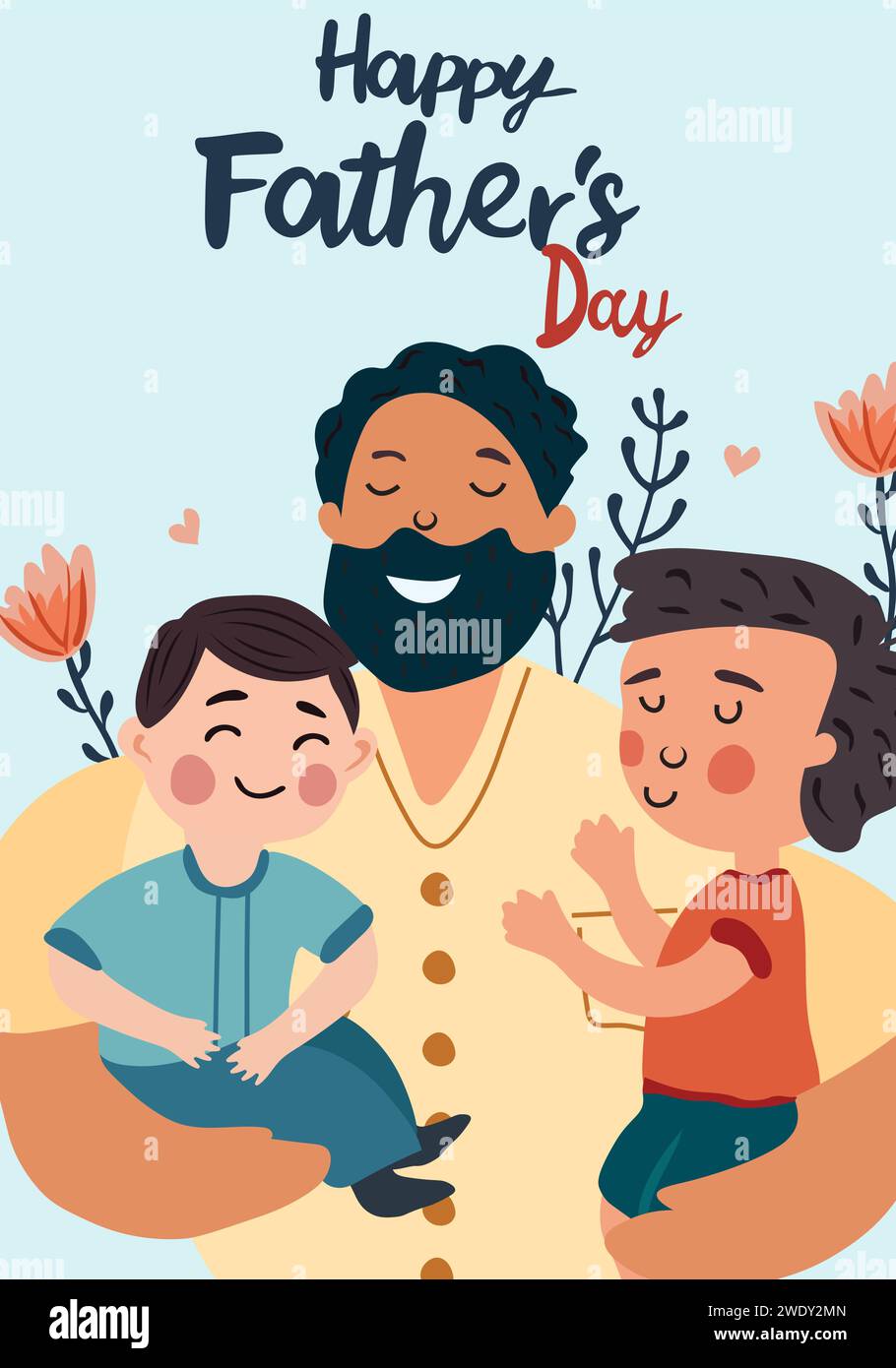Joyeuse photo de la fête des pères, un père joyeux embrasse et prend soin de ses enfants. Le concept d'amour parental, de soins, d'éducation des enfants. Idéal pour une carte postale, affiche. Vecteur. Illustration de Vecteur