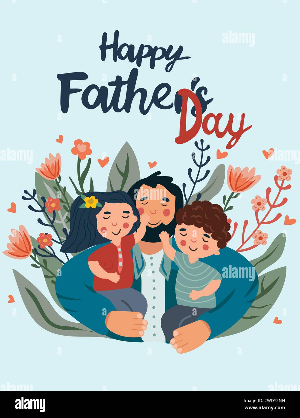 Joyeuse photo de la fête des pères, un père joyeux embrasse et prend soin de ses enfants. Le concept d'amour parental, de soins, d'éducation des enfants. Idéal pour une carte postale, affiche. Vecteur. Illustration de Vecteur
