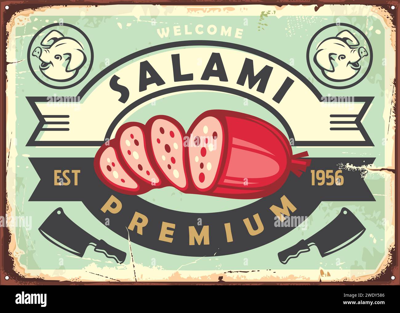 Modèle de signe en métal vintage charcuterie de viande. Panneau d'inscription du magasin de boucherie rétro de saucisses et de salamis. Graphique de nourriture vectorielle. Illustration de Vecteur