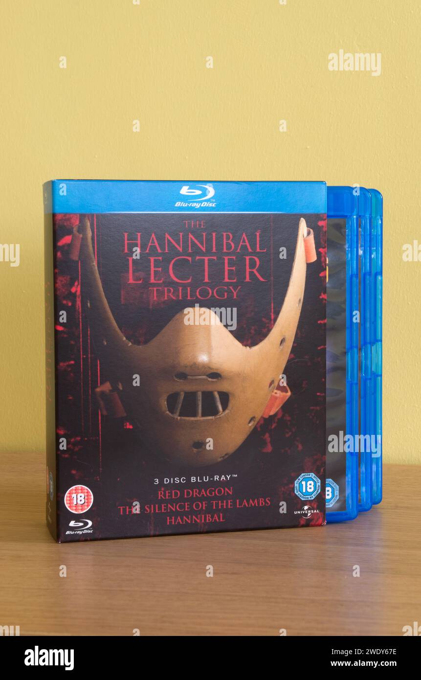 Coffret DVD Hannibal Lecter Trilogy Blu Ray comprenant Silence of the Lambs, Hannibal & Red Dragon films Banque D'Images