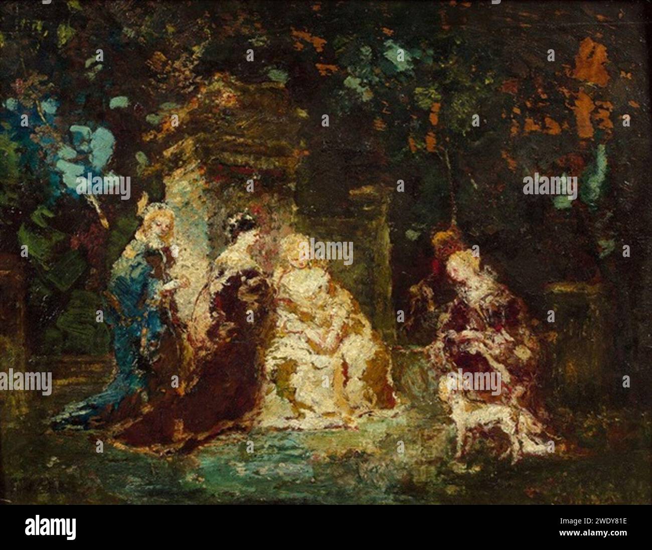 Adolphe-monticelli-scne-de-parc-cinq-personnages-avec-le-chi. Banque D'Images