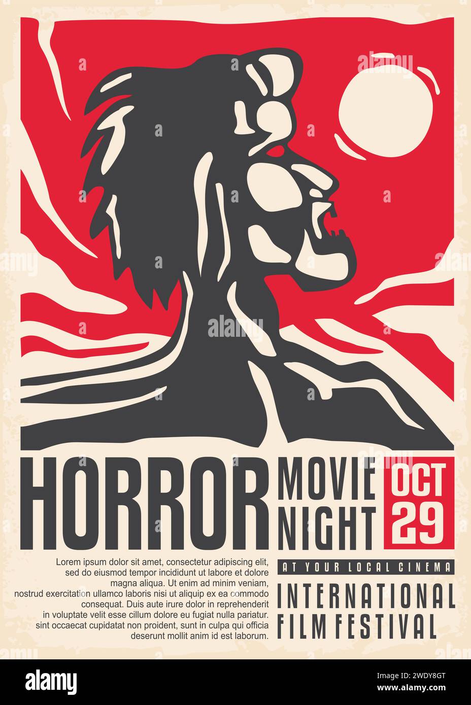 Modèle de conception d'affiche de festival de films d'horreur avec concept artistique de loup-garou et graphique de pleine lune. Illustration rouge et noire pour événement de cinéma. Monst Illustration de Vecteur