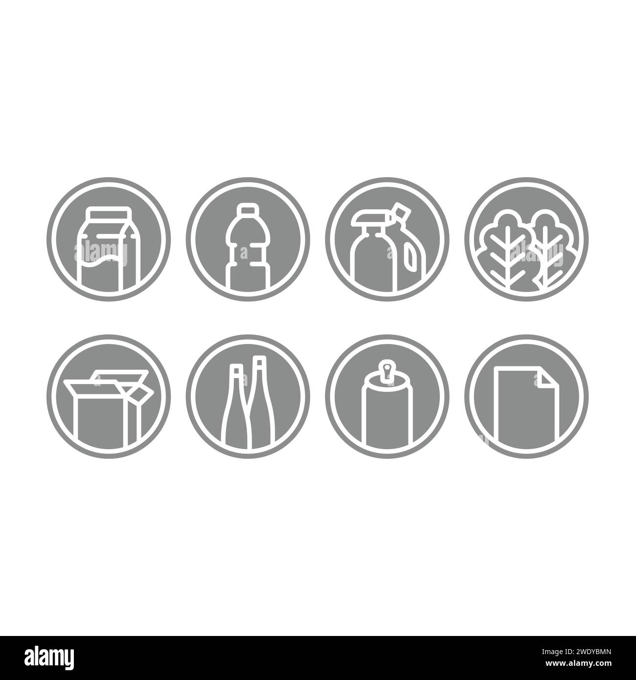 Jeu d'étiquettes vectorielles de déchets de type, plastique et papier. Déchets verts et icônes et étiquettes métalliques. Contour blanc modifiable. Illustration de Vecteur