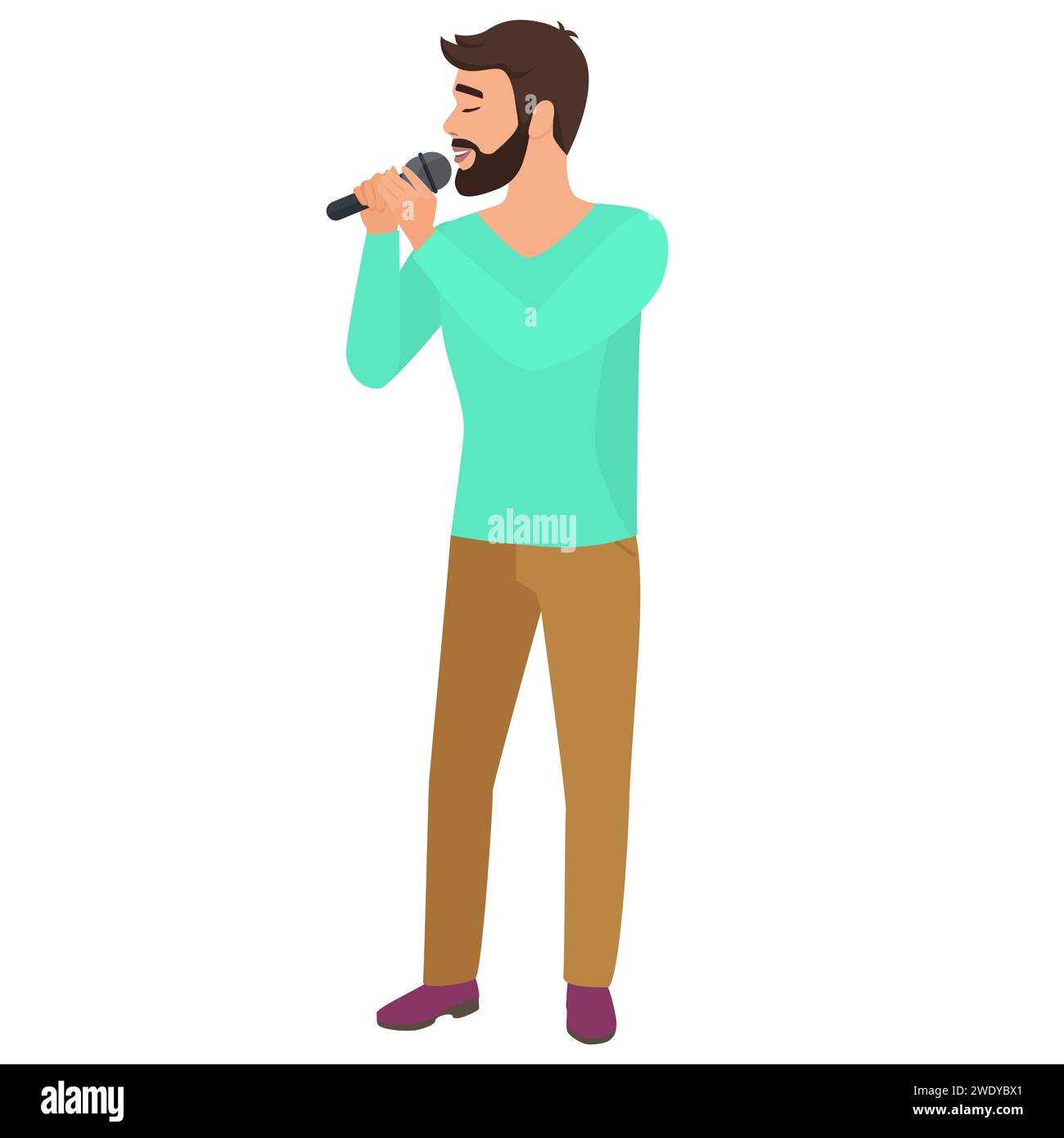 Homme barbu chantant karaoké. Jeune garçon tenant microphone illustration vectorielle de dessin animé Illustration de Vecteur