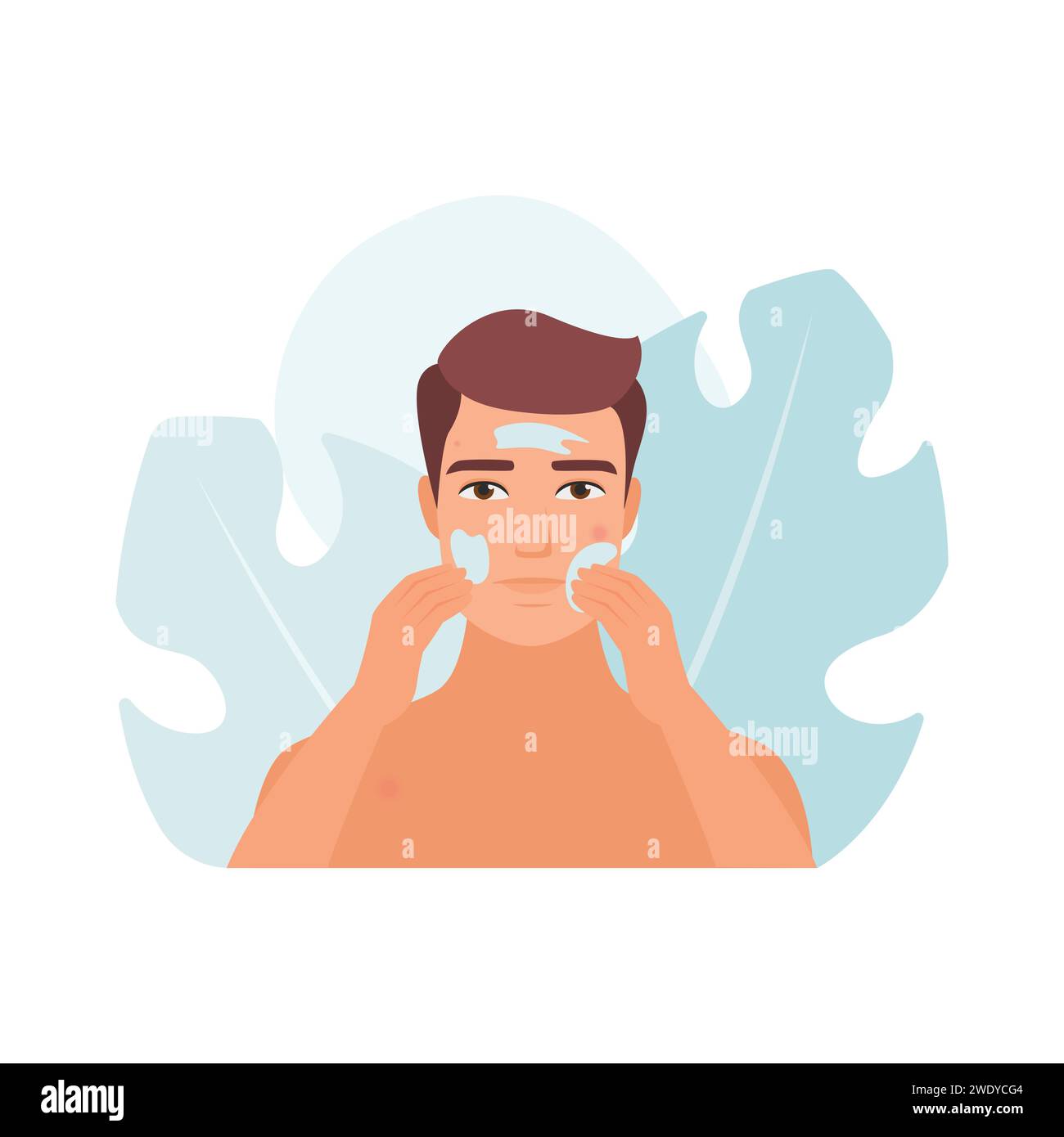 Homme appliquant un produit cosmétique pour le visage pour les soins de la peau, illustration vectorielle de routine d'hygiène quotidienne Illustration de Vecteur