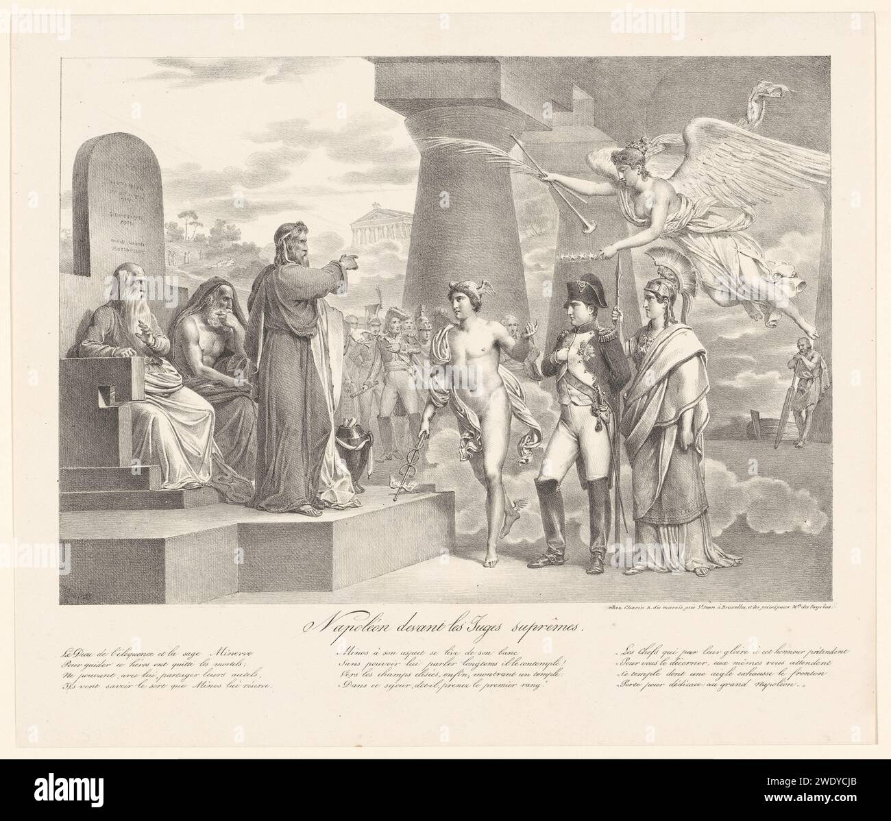 Napoléon apparaît avant droite Minos, Anonyme, 1821 - 1831 print Napoléon apparaît, après sa mort en 1821, pour les juges automobiles. Napoléon accompagné de la renommée, Mercure et Minerve debout pour le roi Minos comme juge du monde souterrain. A gauche les champs Elysées, à droite Charon attend son bateau. Avec trois versets français de quatre lignes dans la légende. Imprimeur : BelgiumPublisher : papier bruxellois Minos (juge d'Hadès). Elysium, Elysian Fields ; Îles des Bienheureux Banque D'Images