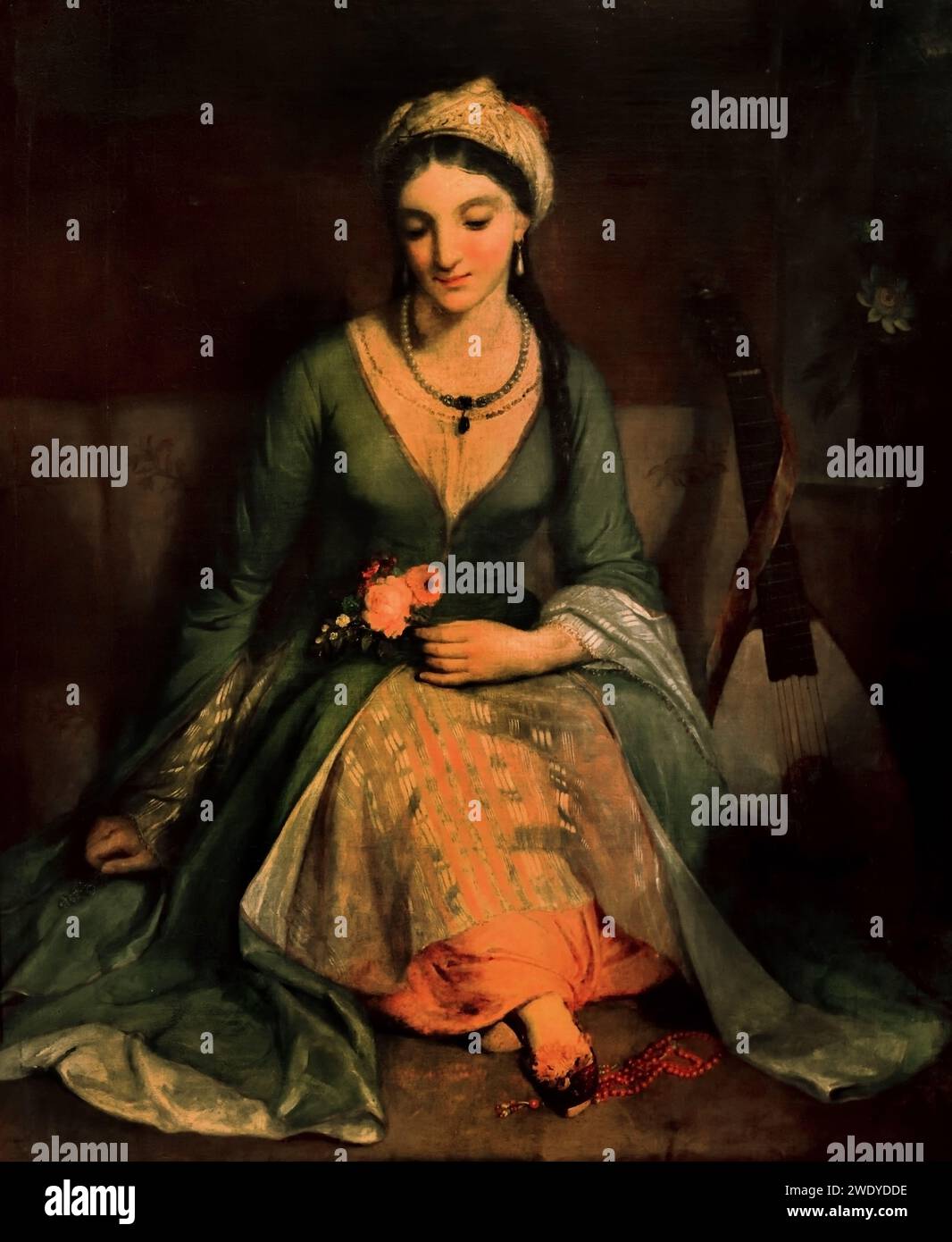 Henry William Pickersgill, R.A. (1782-1875), Greek Girl, 1829, huile sur toile; Musée Benaki Athènes (portrait d'une dame rougissante en robe ottomane de classe supérieure et bijoux en perles d'Europe occidentale. Elle est assise sur une banquette basse, marche sur un chapelet, et tient un bouquet de fleurs ; à sa gauche repose un luth ; un buisson de fleur de passion a poussé une seule fleur.) Banque D'Images