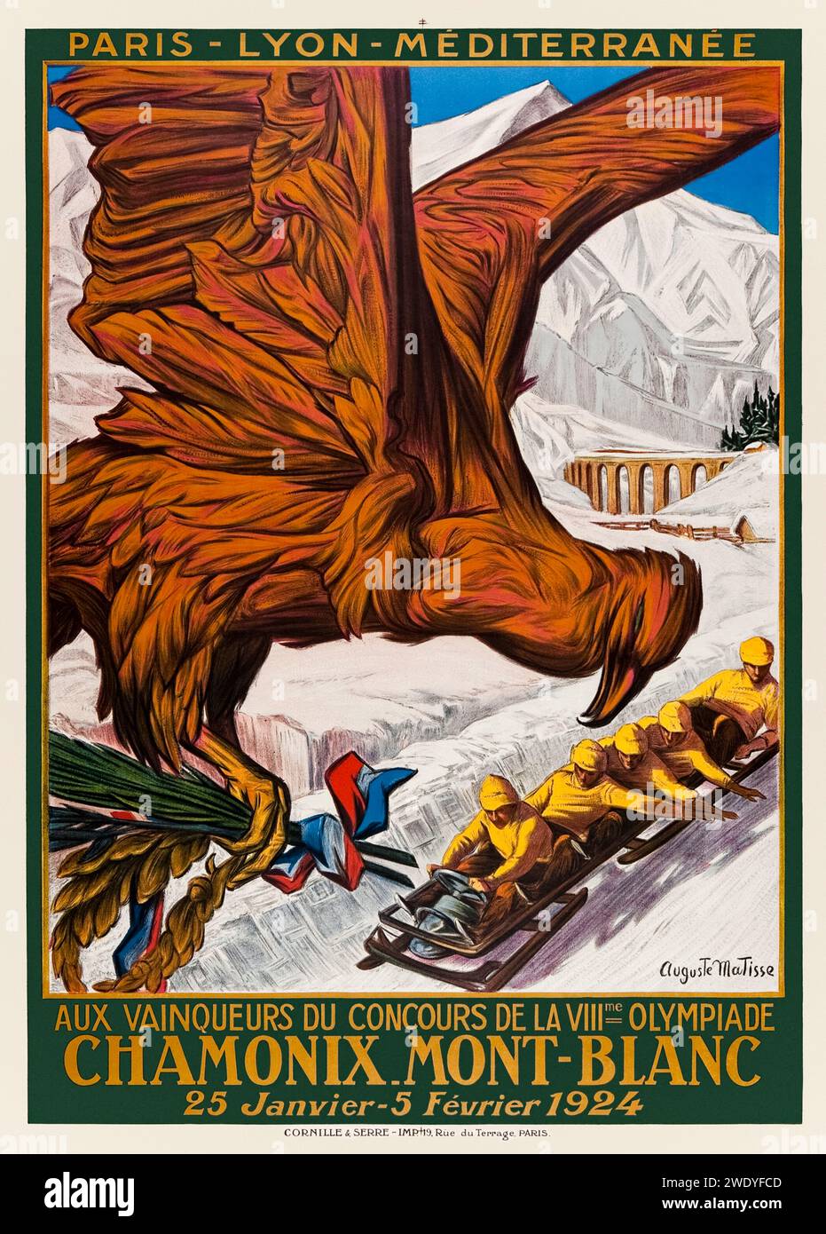 «Aux vainqueurs du Concours de la VIIIe Olympiade Chamonix, Mont-blanc 25 janvier – 5 Fevrier 1924» ['aux gagnants de la VIIIe Olympiade Chamonix, Mont blanc 25 janvier – 5 février 1924] affiche montrant un aigle tenant une couronne et des branches d'olivier attachées avec le drapeau français volant au-dessus d'une équipe de bobsleigh avec la montagne et le pont ferroviaire en arrière-plan. Oeuvre d'Auguste Matisse (1866-1931) pour Paris Lyon Mediteranée Company (PLM) chemin de fer. Banque D'Images