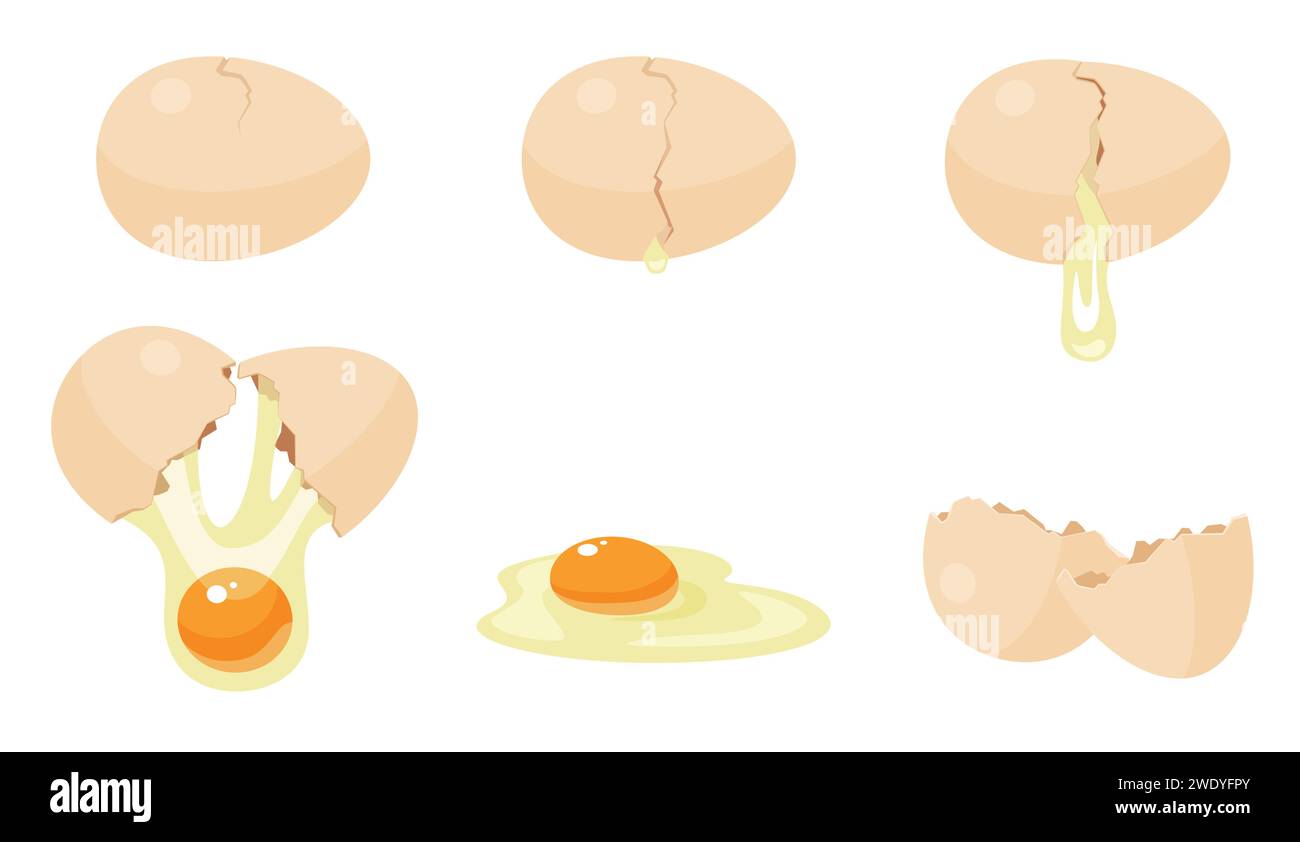 Ensemble d'animation de jeu de SEQUENCE d'oeufs cassés. Étapes d'action animées de fissuration, coquille se cassant en deux moitiés, jaune brut et blanc tombant près de coquilles d'œufs vides illustration vectorielle de dessin animé Illustration de Vecteur