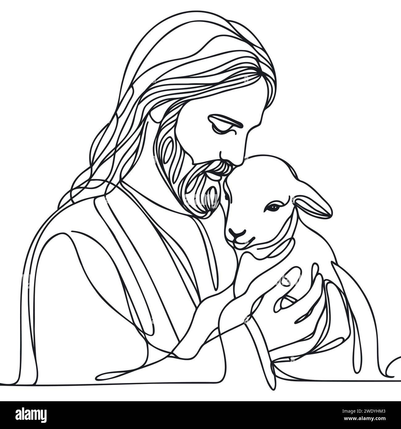 Dessin continu de Jésus-Christ tenant un agneau dans ses bras. Illustration de Vecteur