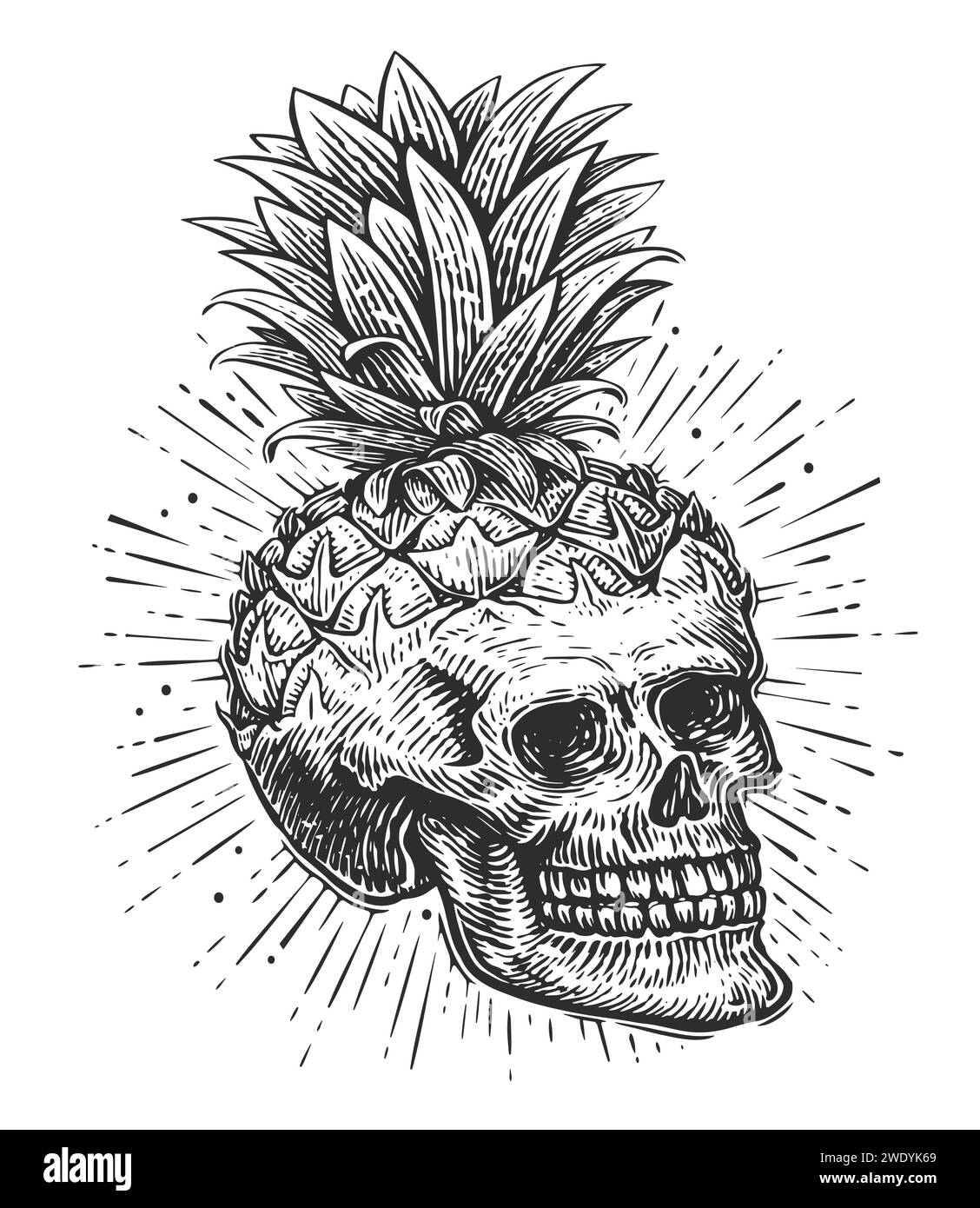 Gravure du crâne humain. Tête squelette ananas. Illustration vectorielle vintage dessinée à la main Illustration de Vecteur