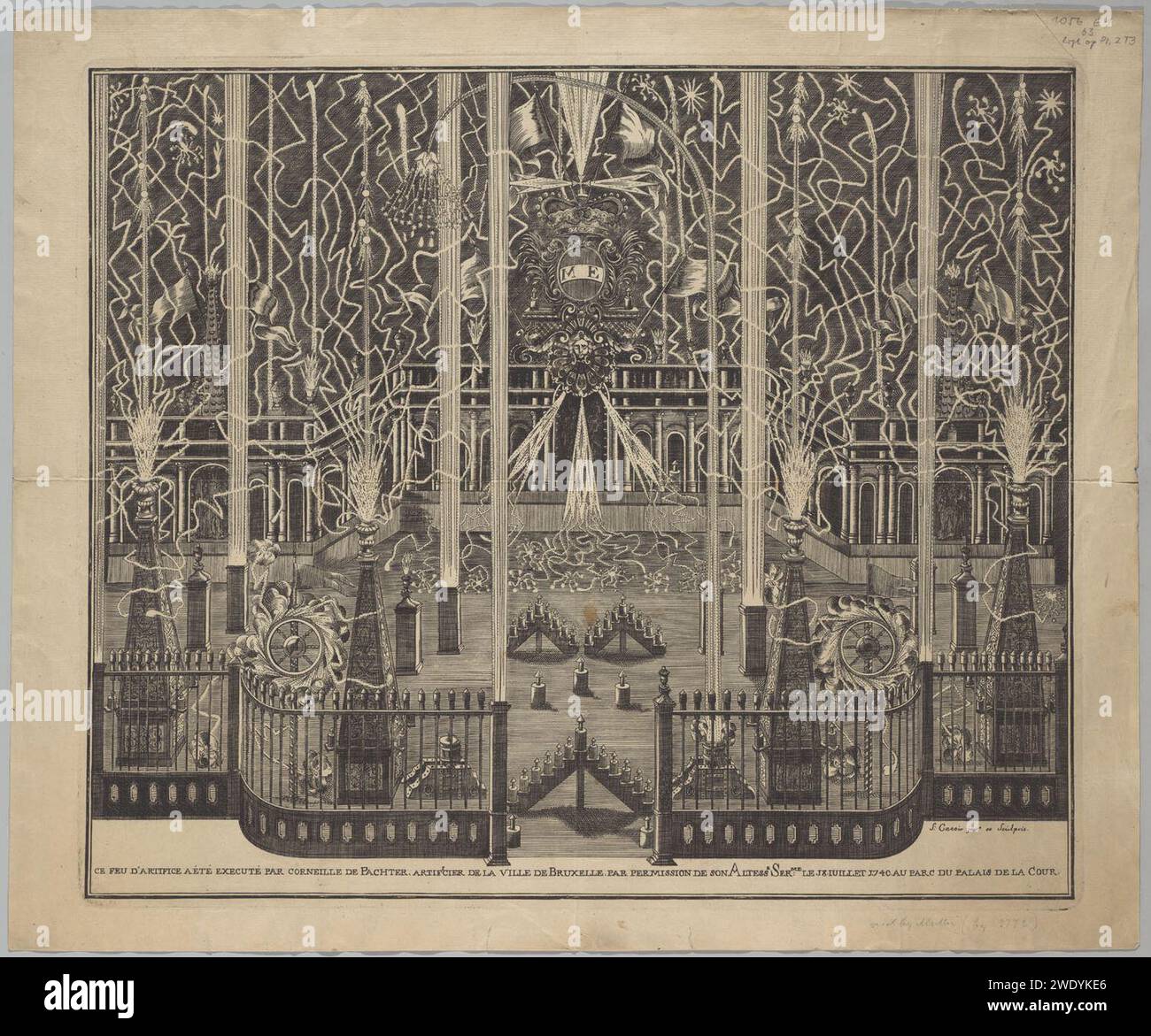 Afbeelding van het vuurwerk, te Brussel afgestoken ter gelegenheid van het huwelijk van Maria Theresia en Frans van Lotharingen - S. Catoir Banque D'Images