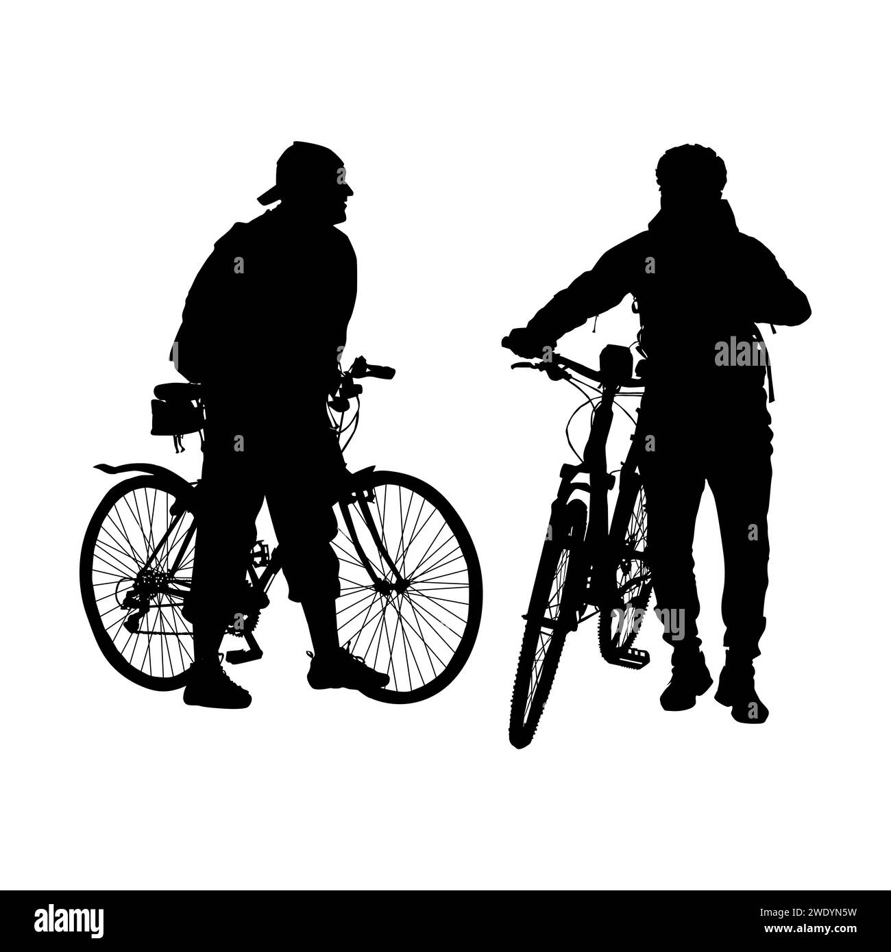 Silhouette de deux cyclistes. Cycliste s'est arrêté avec un vélo pour parler à un ami. Deux hommes se tiennent face l'un à l'autre. Cycliste masculin et hommes de randonnée se rencontrent. Illustration de Vecteur