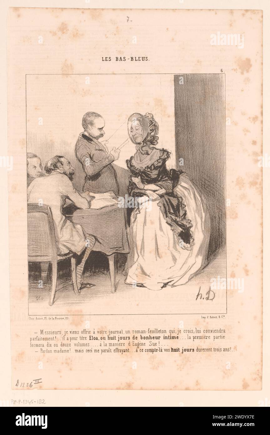 Écrivain raconte aux rédacteurs de son livre, Honoré Daumier, 1844 la femme dit aux rédacteurs comment son roman sera appelé. L'un des éditeurs répond de manière critique à cela. Caricatures en papier de Paris (types humains). écrivain, poète, auteur. entretien Banque D'Images