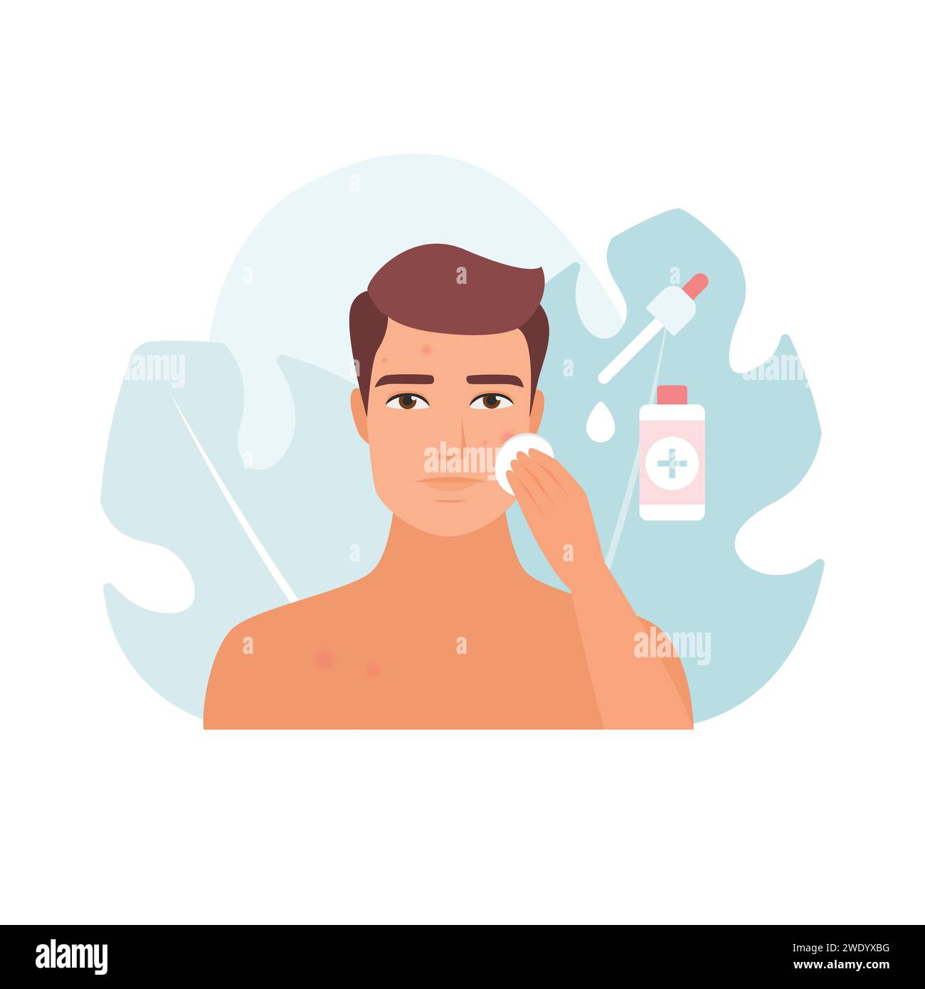 Homme appliquant le sérum pour le traitement de l'acné pubertaire, illustration vectorielle d'hygiène de soin de la peau Illustration de Vecteur