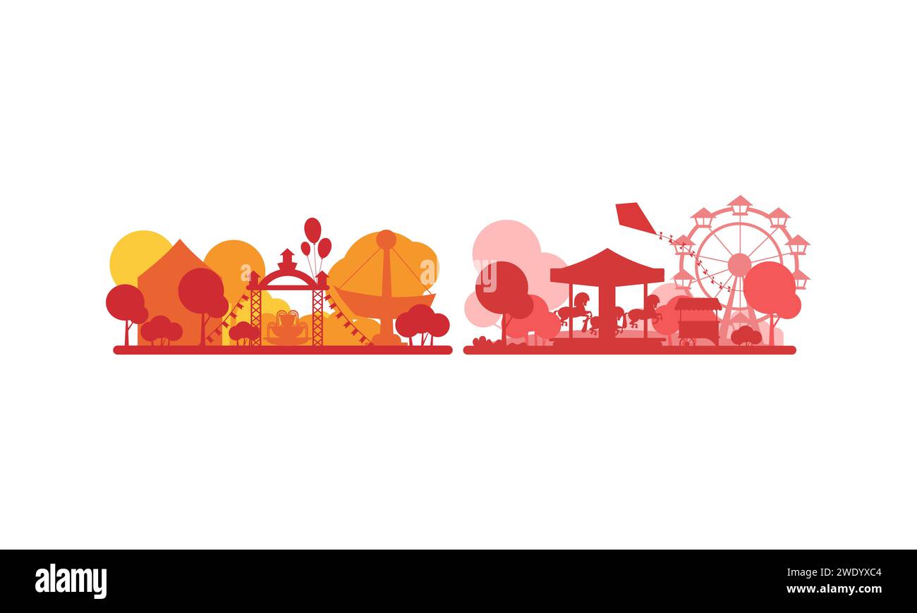 Paysage abstrait de parc d'attractions rouge avec des silhouettes de la roue de Ferris et carrousel avec l'illustration vectorielle de chevaux Illustration de Vecteur