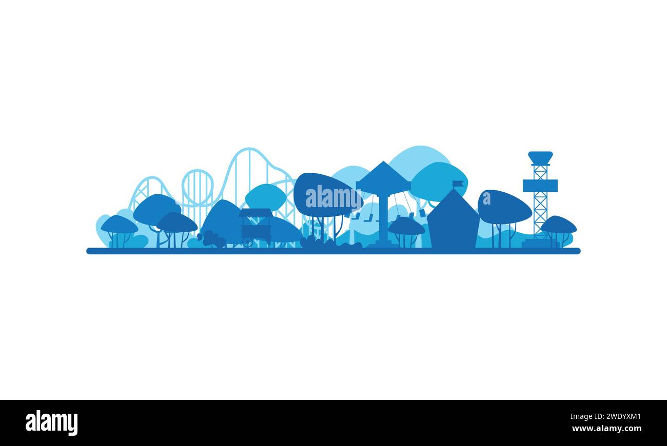 Paysage de parc d'attractions bleu abstrait avec des silhouettes de montagnes russes et illustration vectorielle de carrousel Illustration de Vecteur
