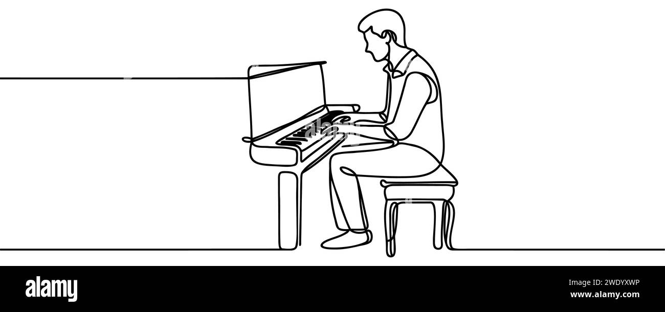 un dessin au trait continu d'un pianiste jouant d'un piano à queue classique. Illustration de Vecteur