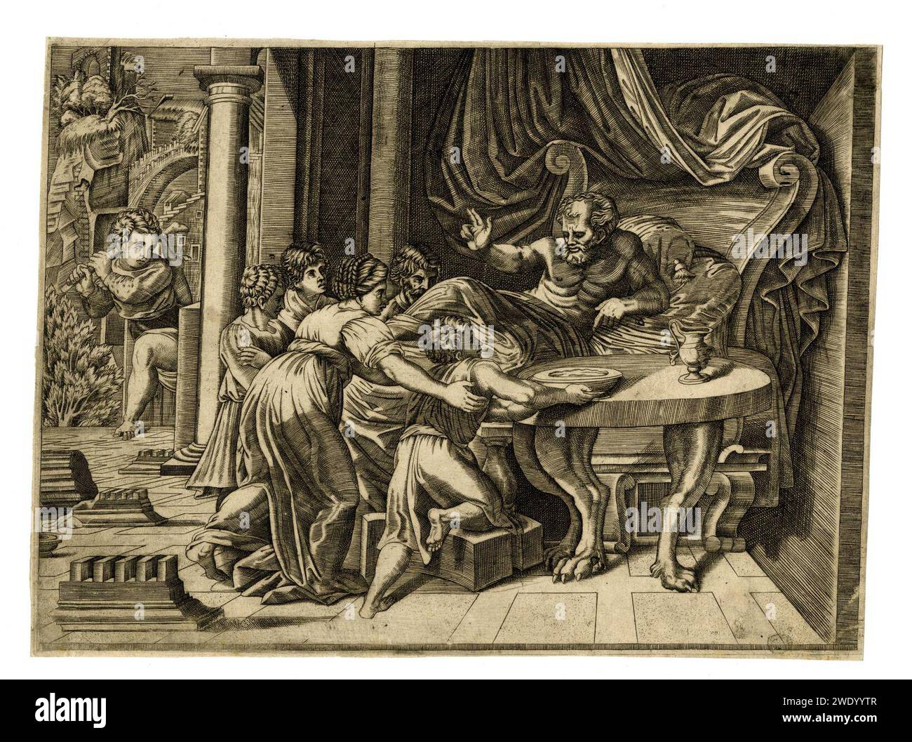 Agostino Veneziano - Rebekah présentant Jacob à Isaac qui est allongé sur un lit et lève sa main droite dans un geste de bénédiction, V,4,40. Banque D'Images