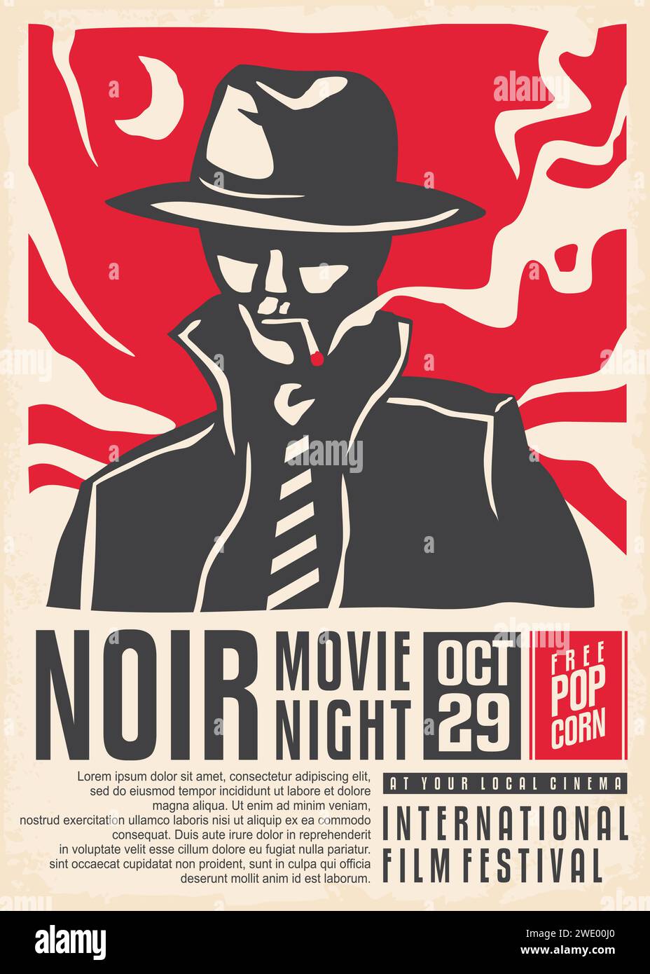 Noir Movies design d'affiche vintage. Détective avec la cigarette debout sur le clair de lune, concept de publicité rétro pour l'événement de cinéma. Illustration vectorielle. Illustration de Vecteur