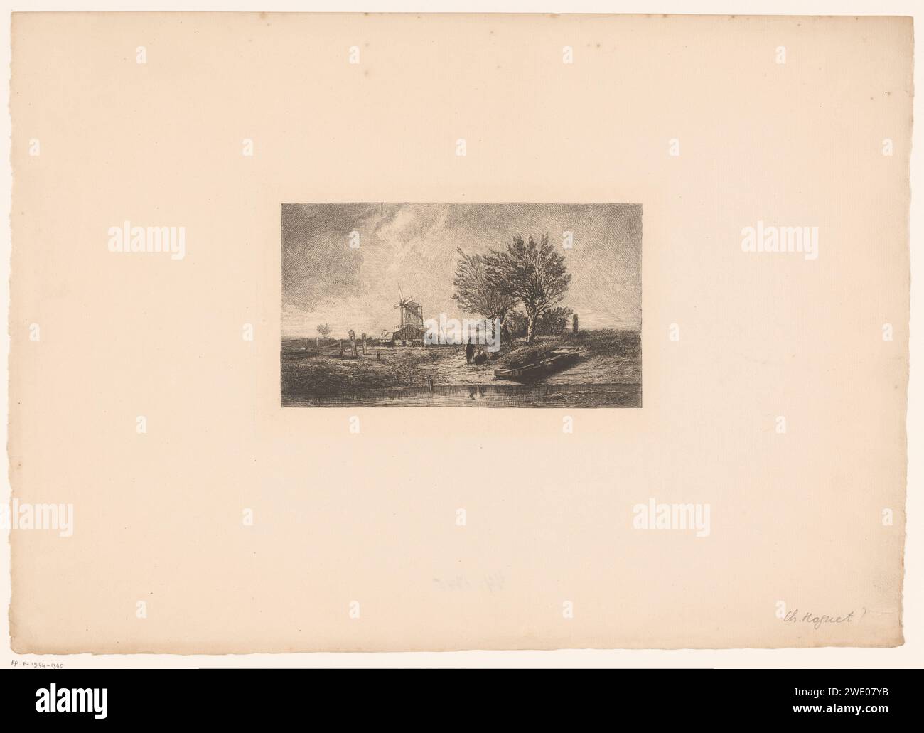 Deux figures dans un paysage fluvial avec moulin, Amédée Paul Greux, 1863 - 1880 imprimer papier gravure moulin à vent dans le paysage Banque D'Images